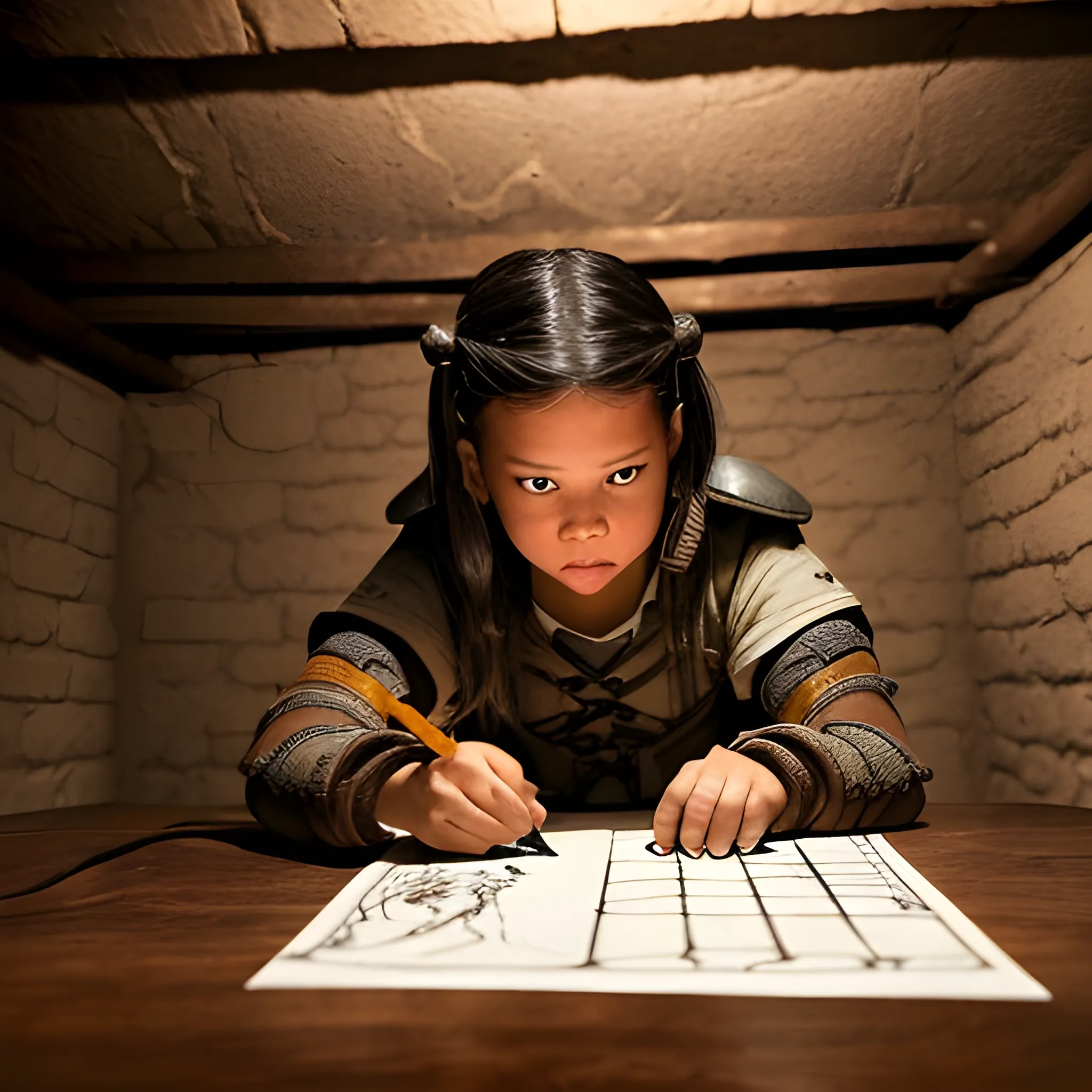 Jenna Ortega, adult, ropes bind her wrists, in a basement, she is wearing adventurer clothes, drawing a knife from her boot, art style dungeons and dragons