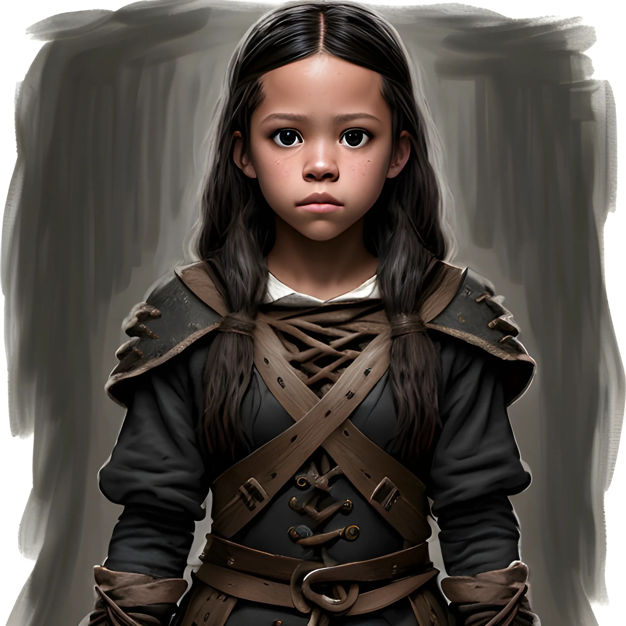 Jenna Ortega, adult, ropes bind her wrists, location dark dungeon, wearing adventurer clothes, art style dark art