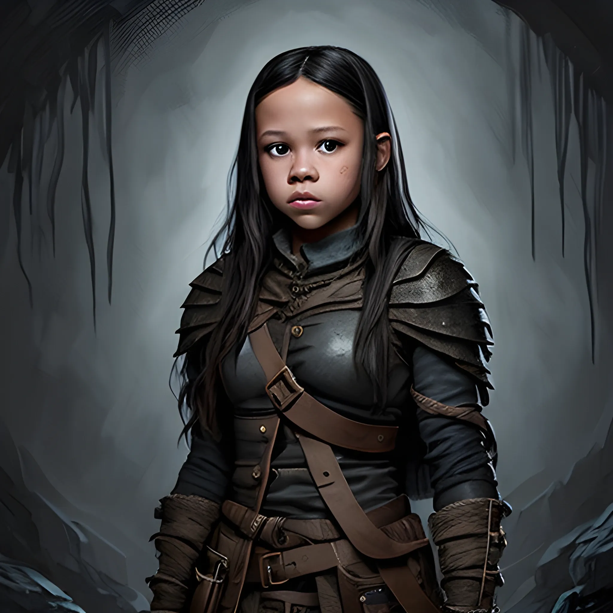 Jenna Ortega, adult, captured, location dark dungeon, wearing adventurer clothes, art style dark art