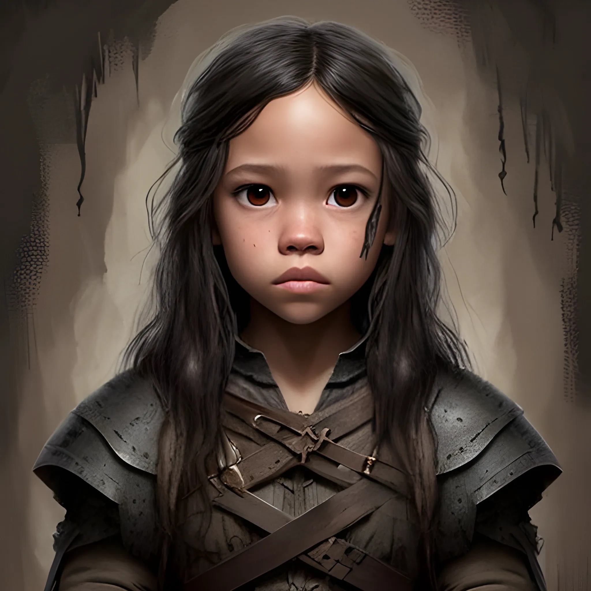 Jenna Ortega, adult face, captured, location dark dungeon, wearing adventurer clothes, art style dark art