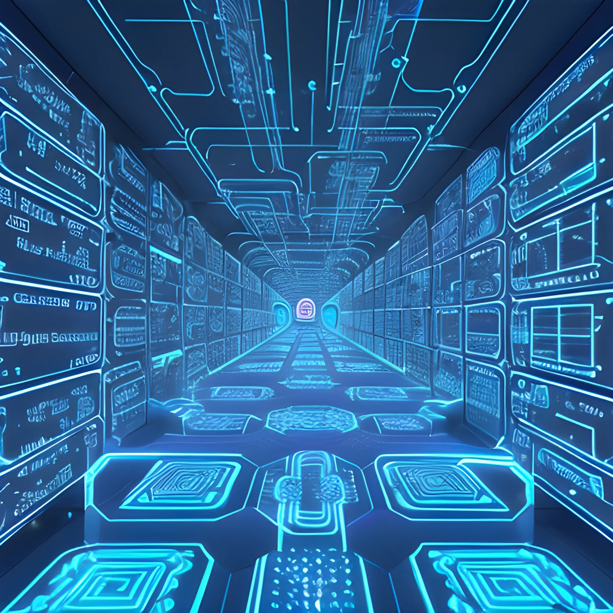 Futuristic coding labyrinth: A 3D virtual world of intertwined cubes, each representing a unique cryptocurrency, floating amidst a sea of glowing blue circuit boards and pulsing neon wires, as a faint light of innovation shines in the background, illuminating the path to decentralized freedom 