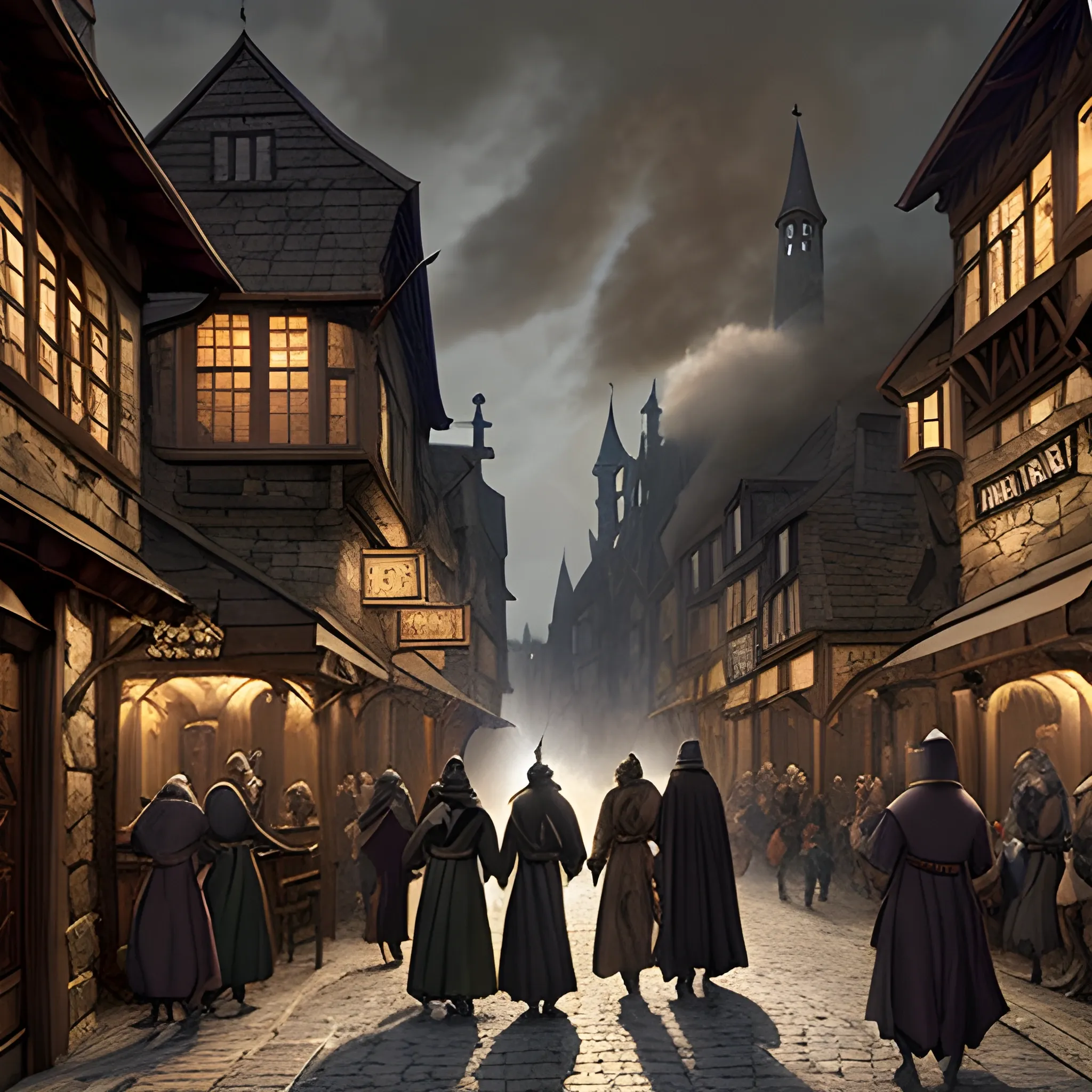 A bustling medieval fantasy city street with crowds of people, atmospheric smoke from forges, and enticing food aromas. Stone buildings and taverns line the cobblestone streets. In the distance, a group of adventurers can be seen walking together, one possibly wearing a dark cultist robe. Style: medieval fantasy, atmospheric, detailed faces