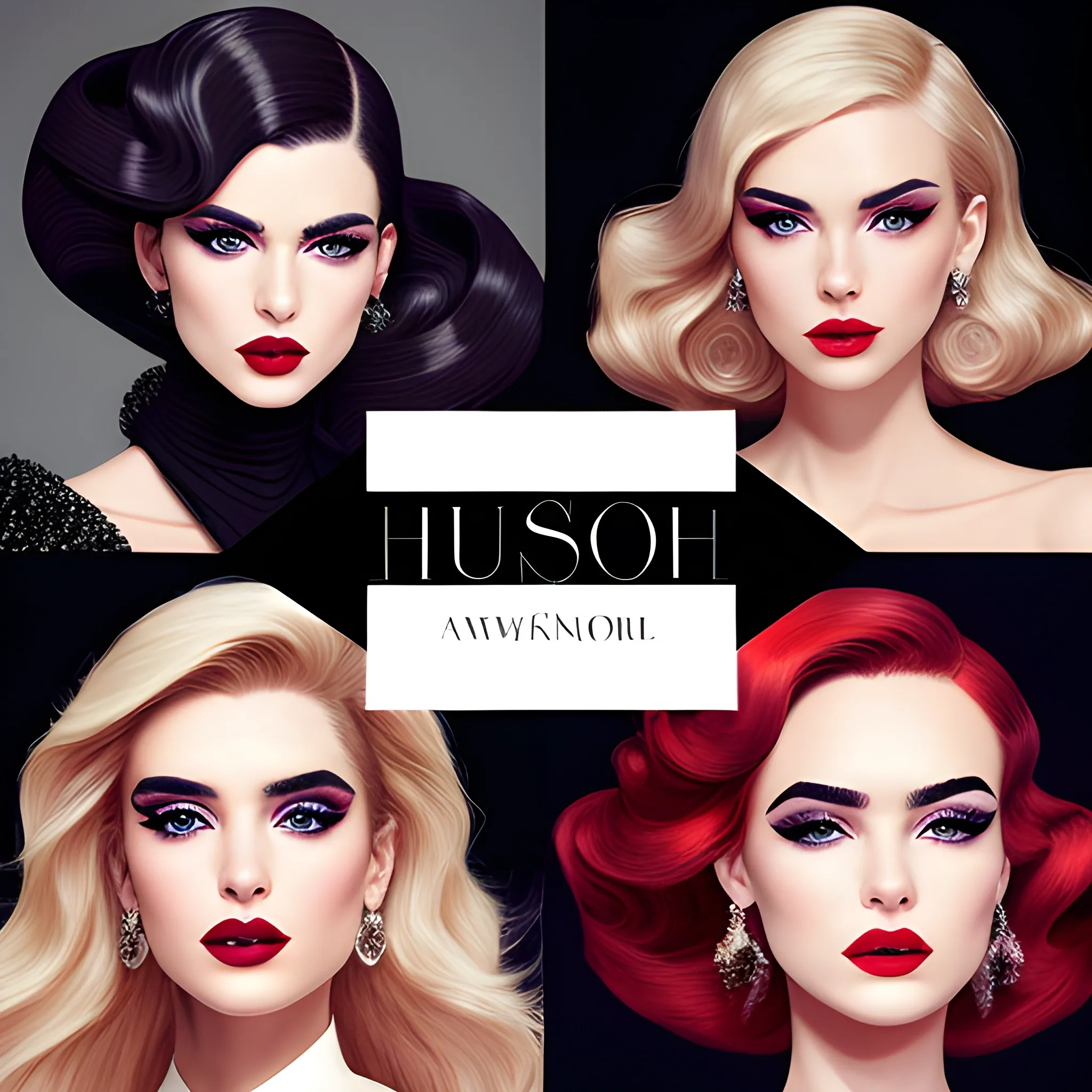 Create an image showcasing four renowned personalities with their coveted eyebrows - a fusion of red-carpet glamour and editorial elegance, presented in the style of a high-fashion magazine cover.