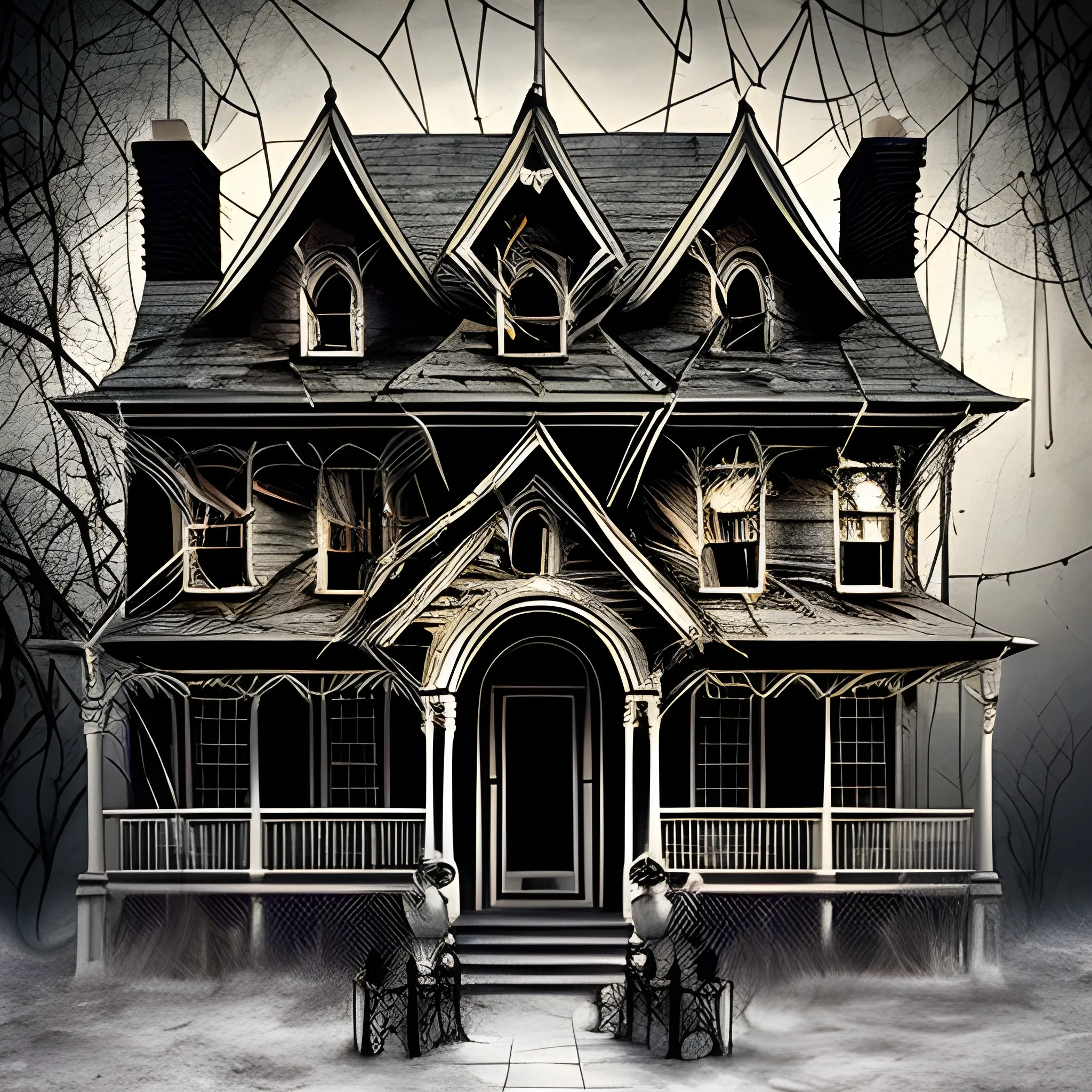 Combine traditional and modern elements, creating a scene that is both terrifying and artistic. Use haunted houses, spiderwebs, and ghostly faces as the main elements, and enhance the visual impact with light and shadow effects.