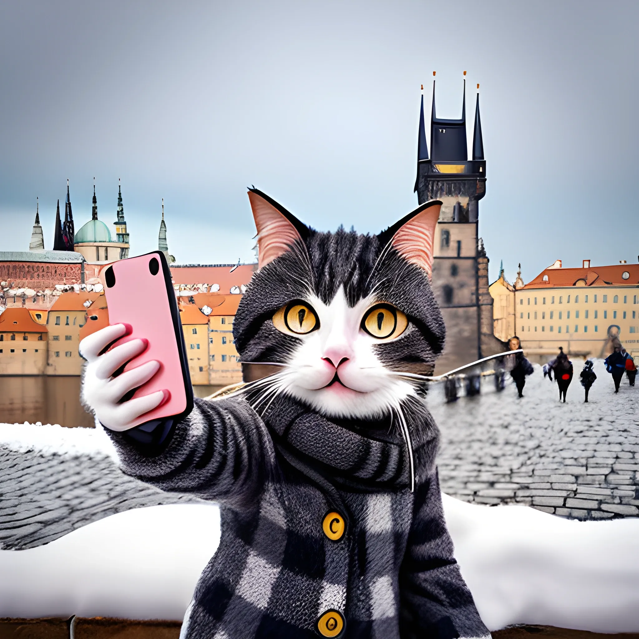 Cartoon cat taking selfie in the winter on Charles bridge in Prague