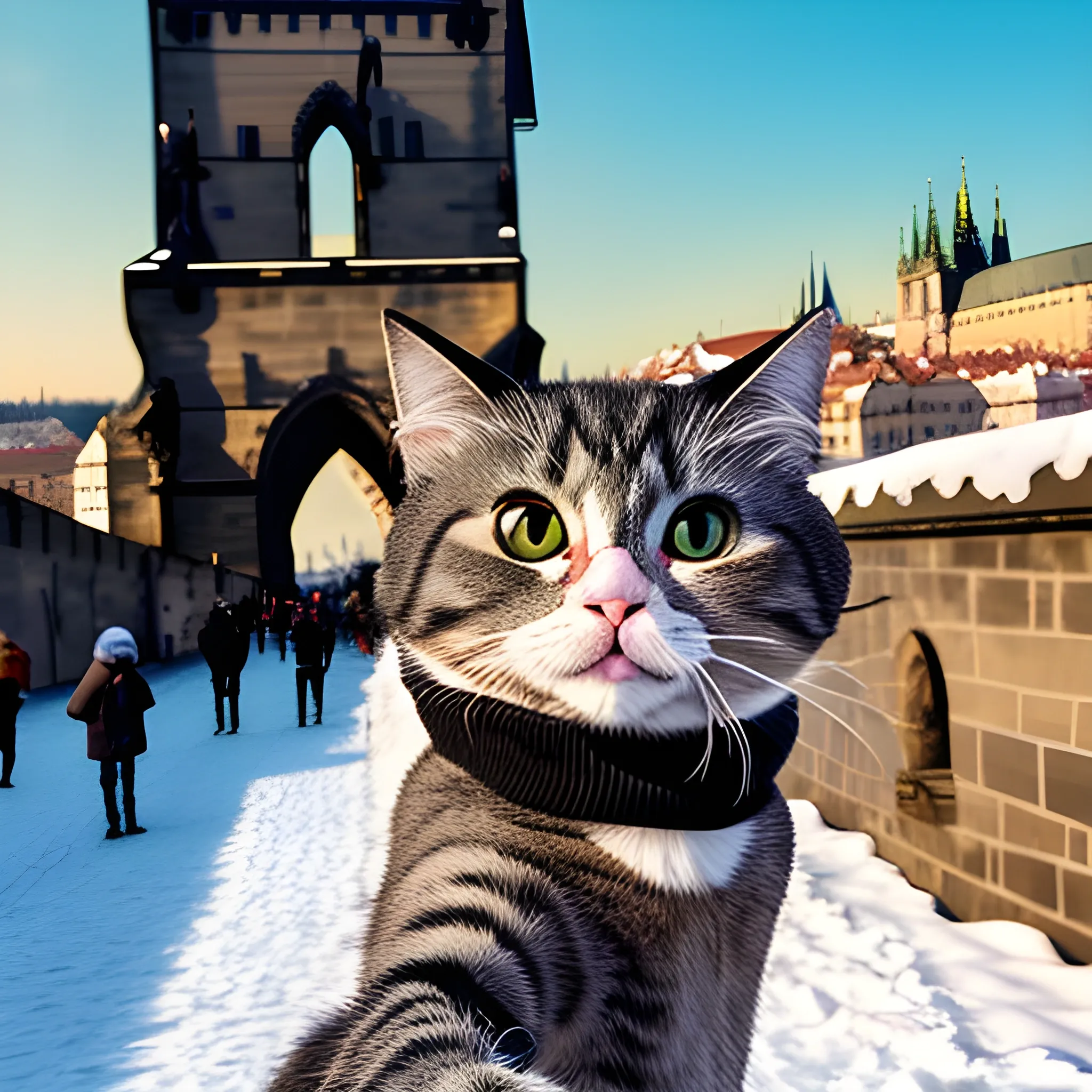 Cartoon cat taking selfie in the winter on Charles bridge in Prague