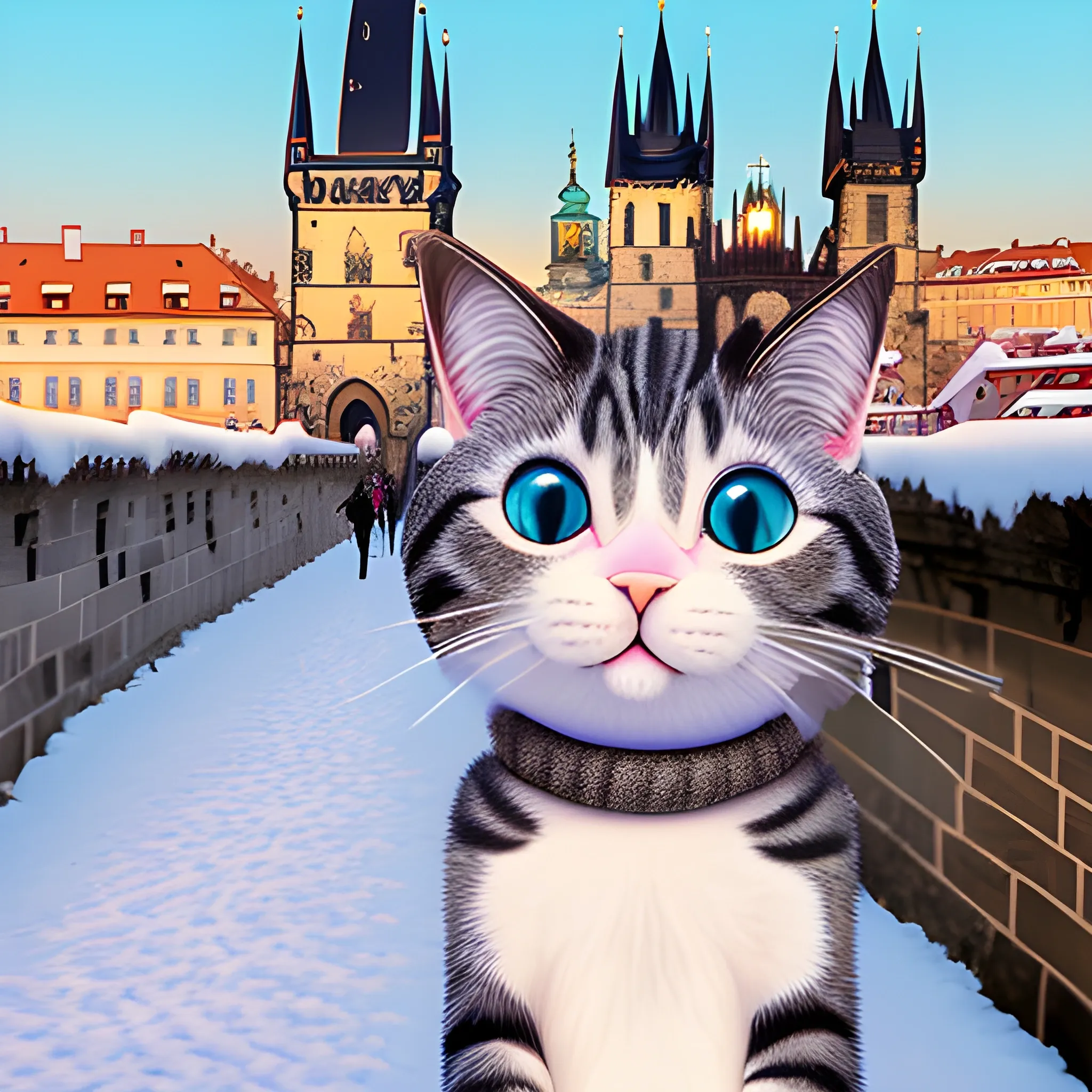 Cartoon cat taking selfie in the winter on Charles bridge in Prague, Trippy