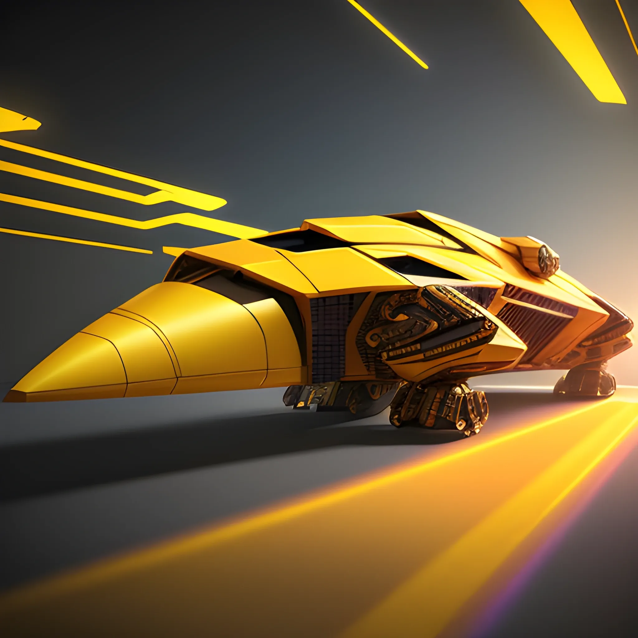 Syd Mead-inspired sci-fi mecha concept art. Medium shot. A futuristic yellow royalpunk starship with diamond sneaker nacelles and intricate details zooms through space. Head-on shot. Neon-infused digital art style with airbrushed metallic surfaces and detailed textures. Bright and vibrant colors reflecting off the ship's armor plating. High-contrast lighting with dark shadows. Triadic color harmony, dynamic lens flares, atmospheric scattering. Best quality, incredibly detailed, cinematic-level graphics, warm and inviting color palette, intense subtle reflections, razor-sharp clarity, stunning realism, sublime 3D modeling.