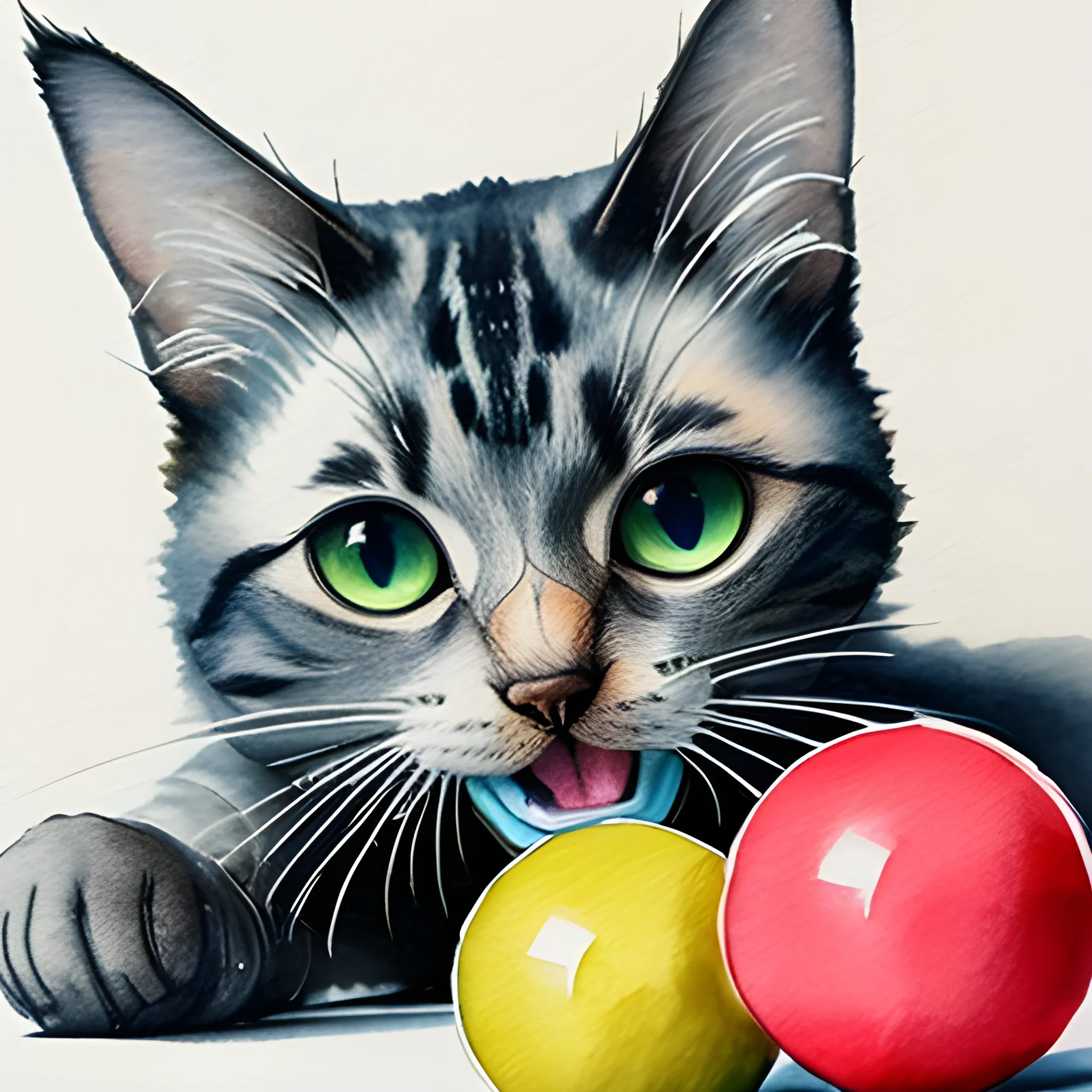 cat, realistic, playing with balls, Water Color, 5 images