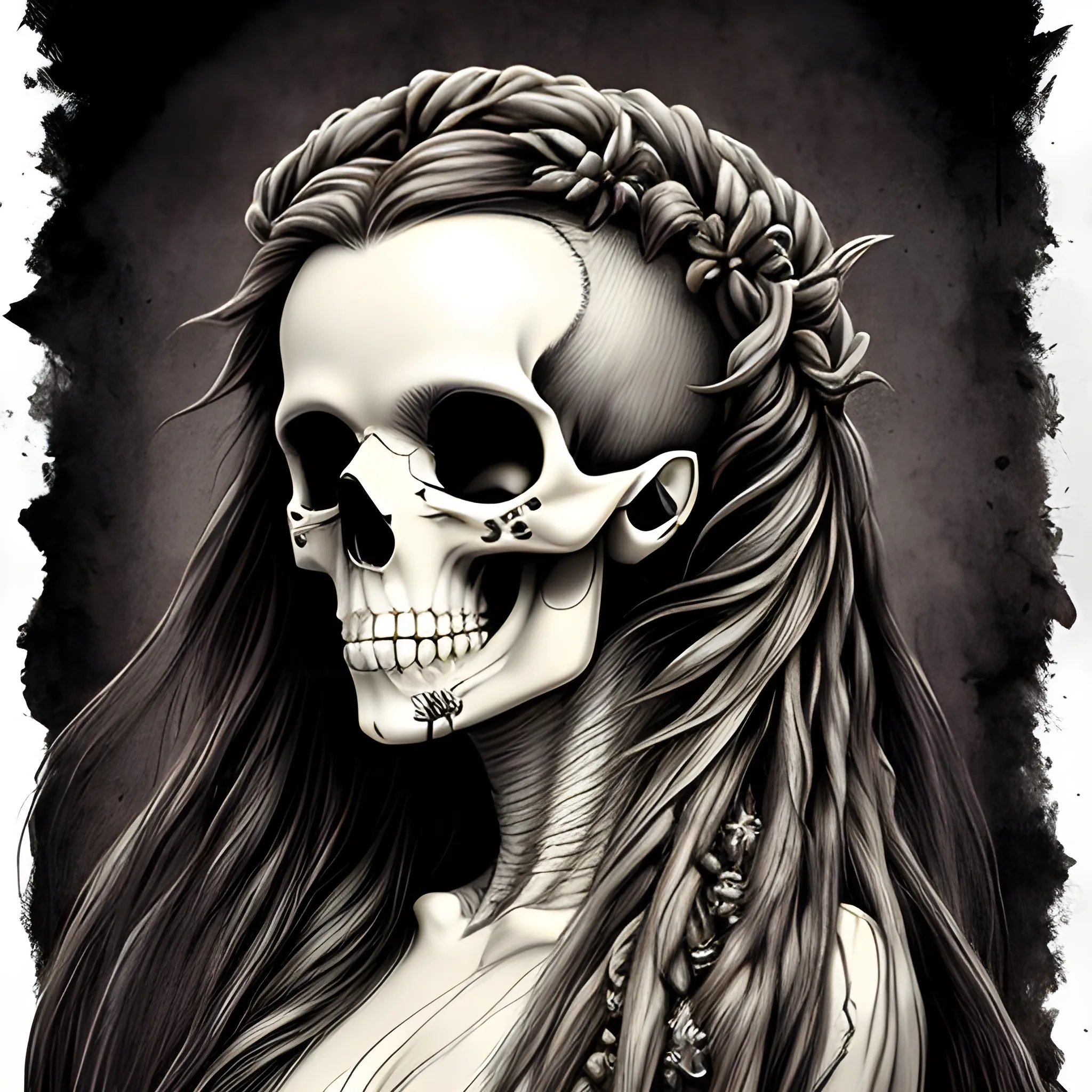 phydelelic art of skull and long hair with various meaning in each detail to make a art
