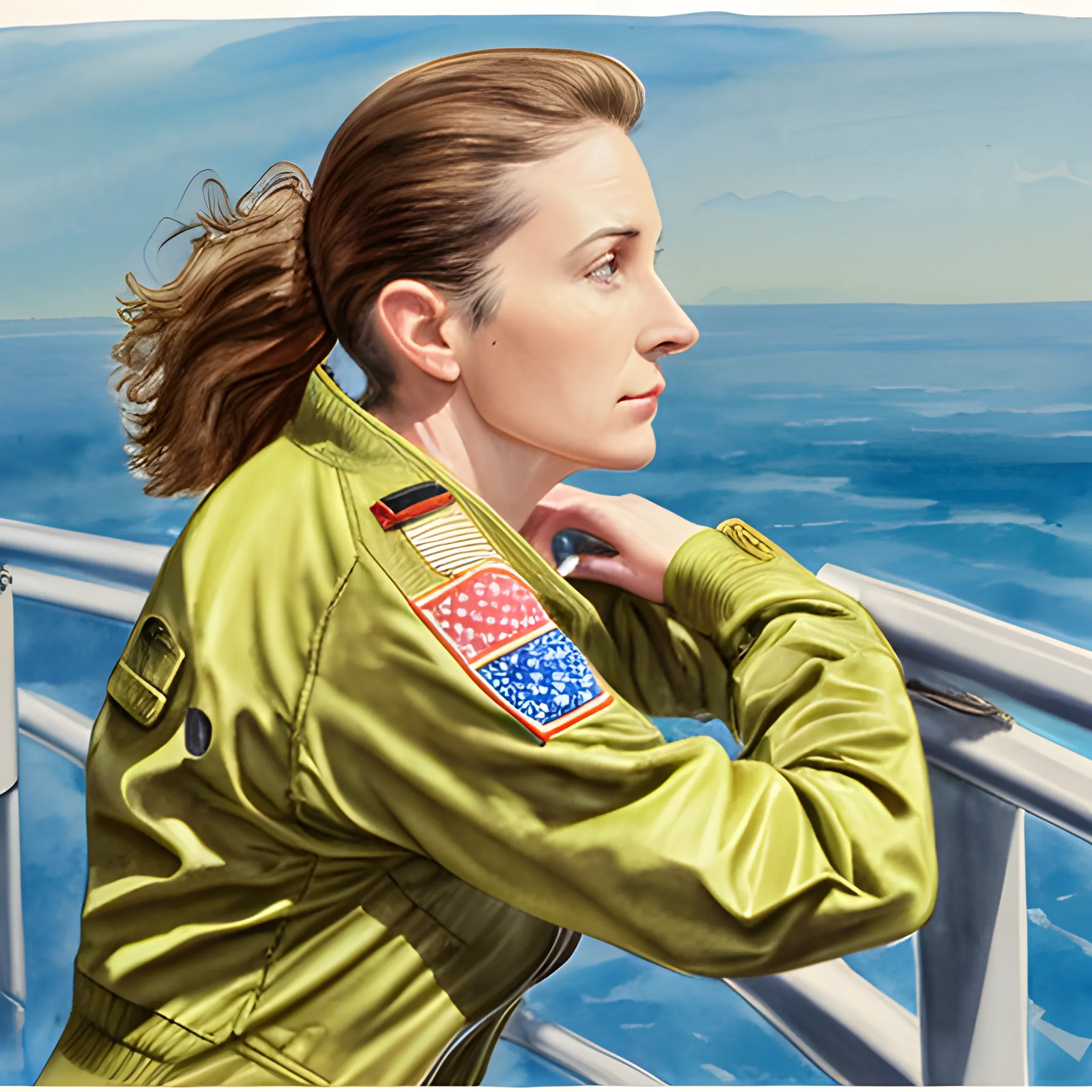 Lit from left side, front view of a woman wearing a flight suit and flight jacket, leaning forward onto a low railing looking to her left, Water Color