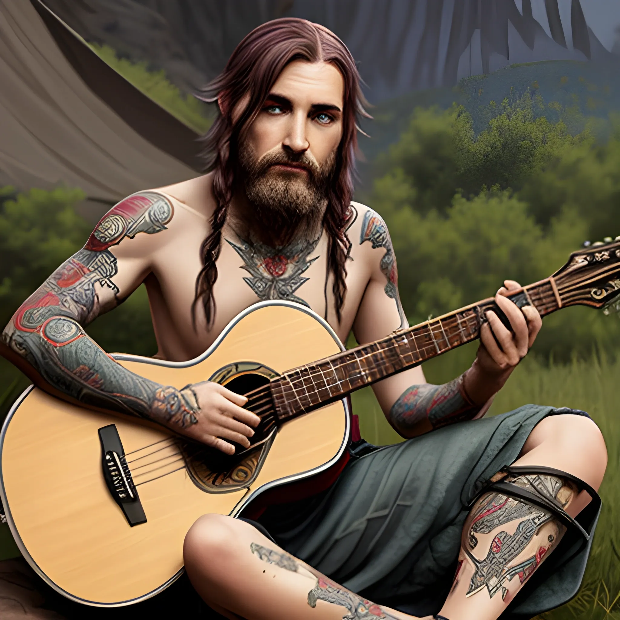 d&d character tatooed sitting around a campire holding a guitar