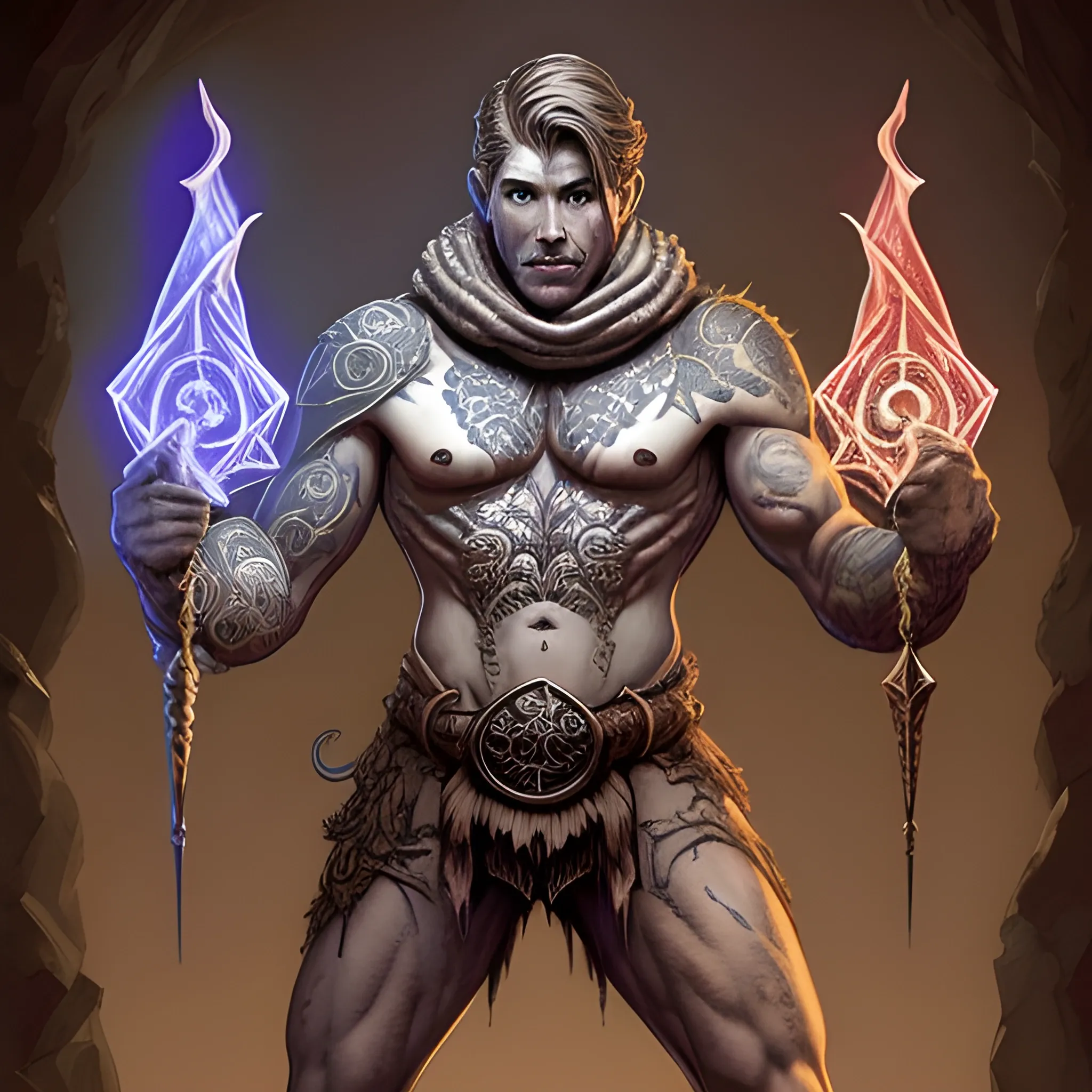 dungeons and dragons art concept of art tatooed human emaneting weak light from his body looking like he is casting a spell

