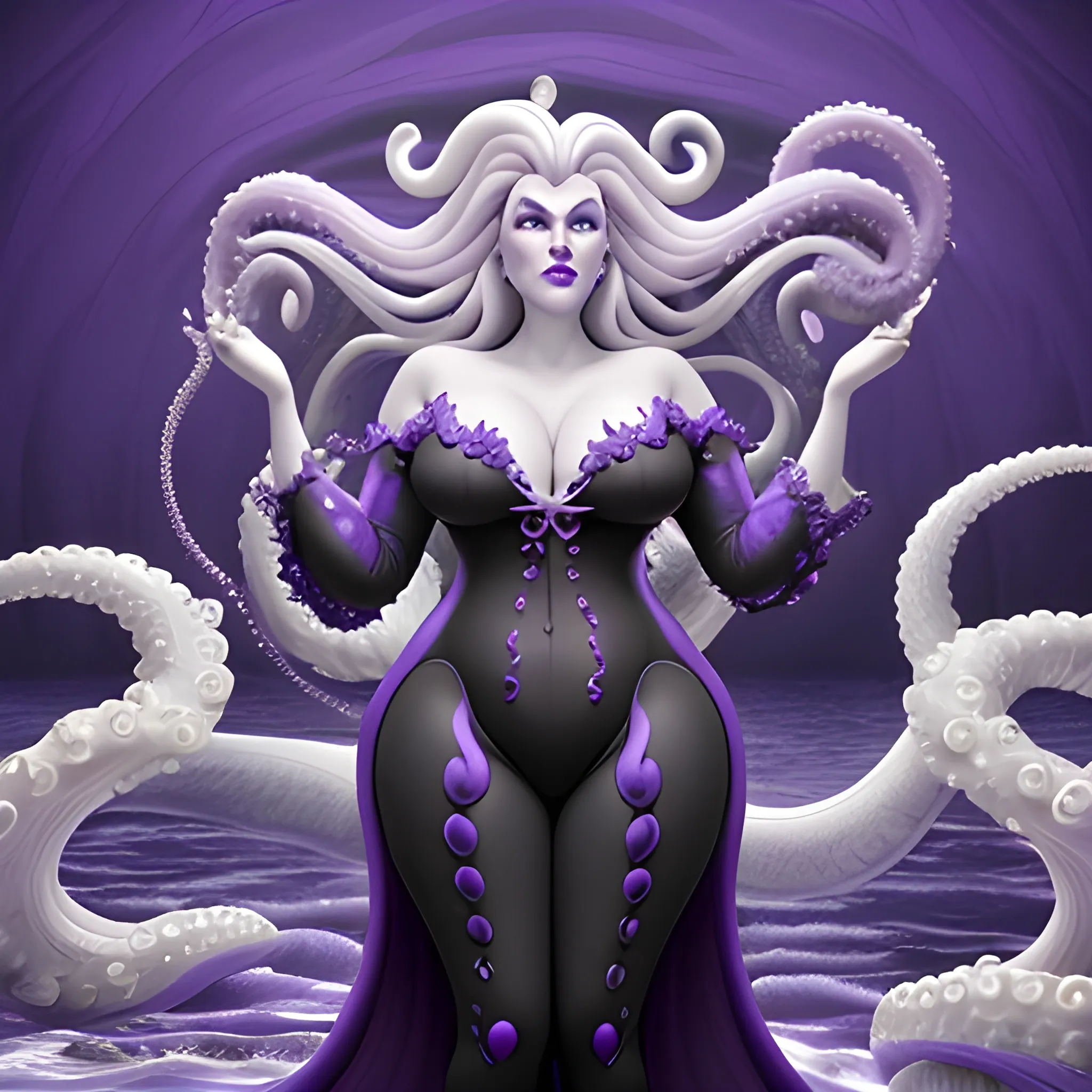 Ursula, real life beautiful purple sea witch, white hair, big, 7 foot tall, full body black suit, back tentacles fully extended lifted behind