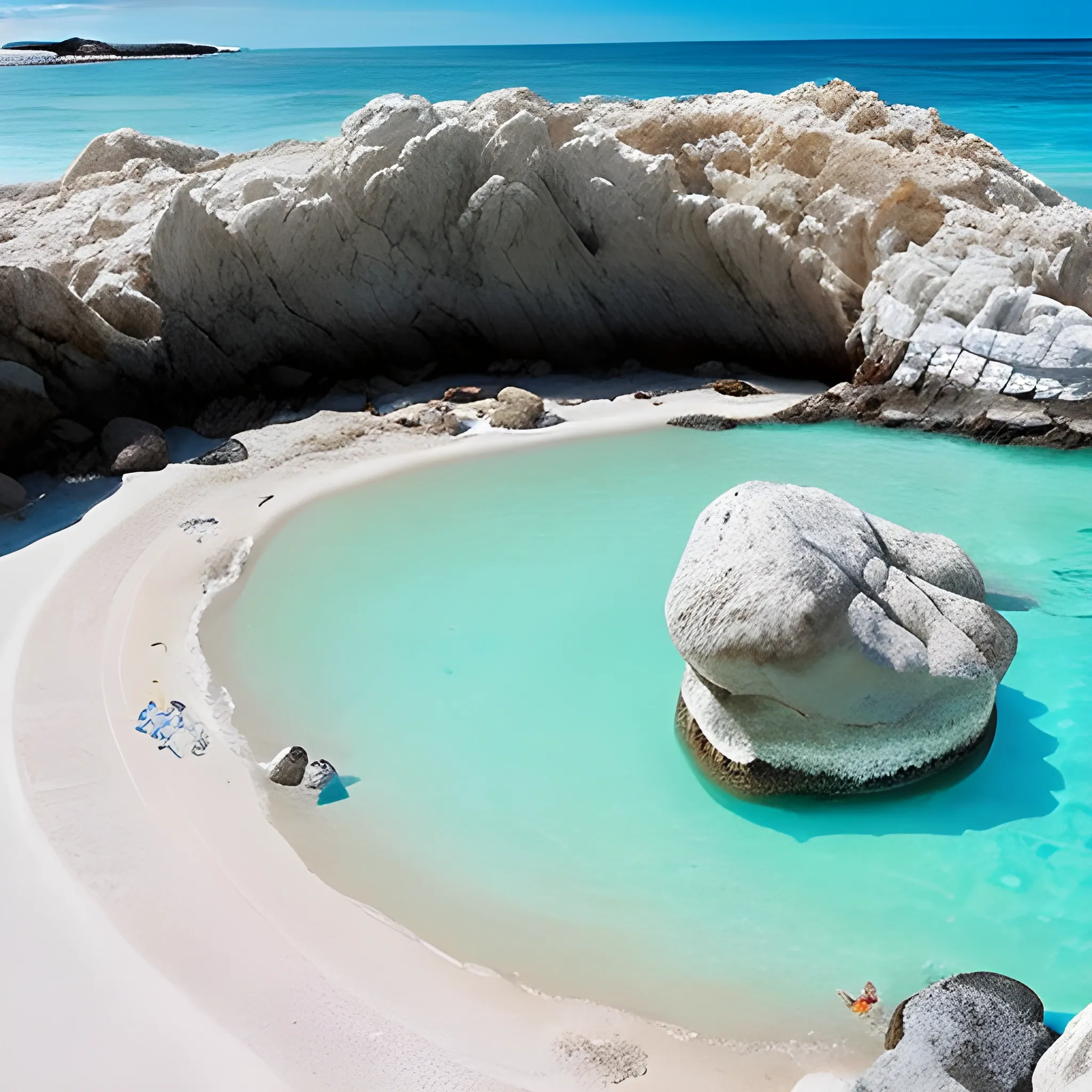 has una playa con arena blanca y agua turquesa, con rocas muy grandes al rededor de la playa  con dragones encima 