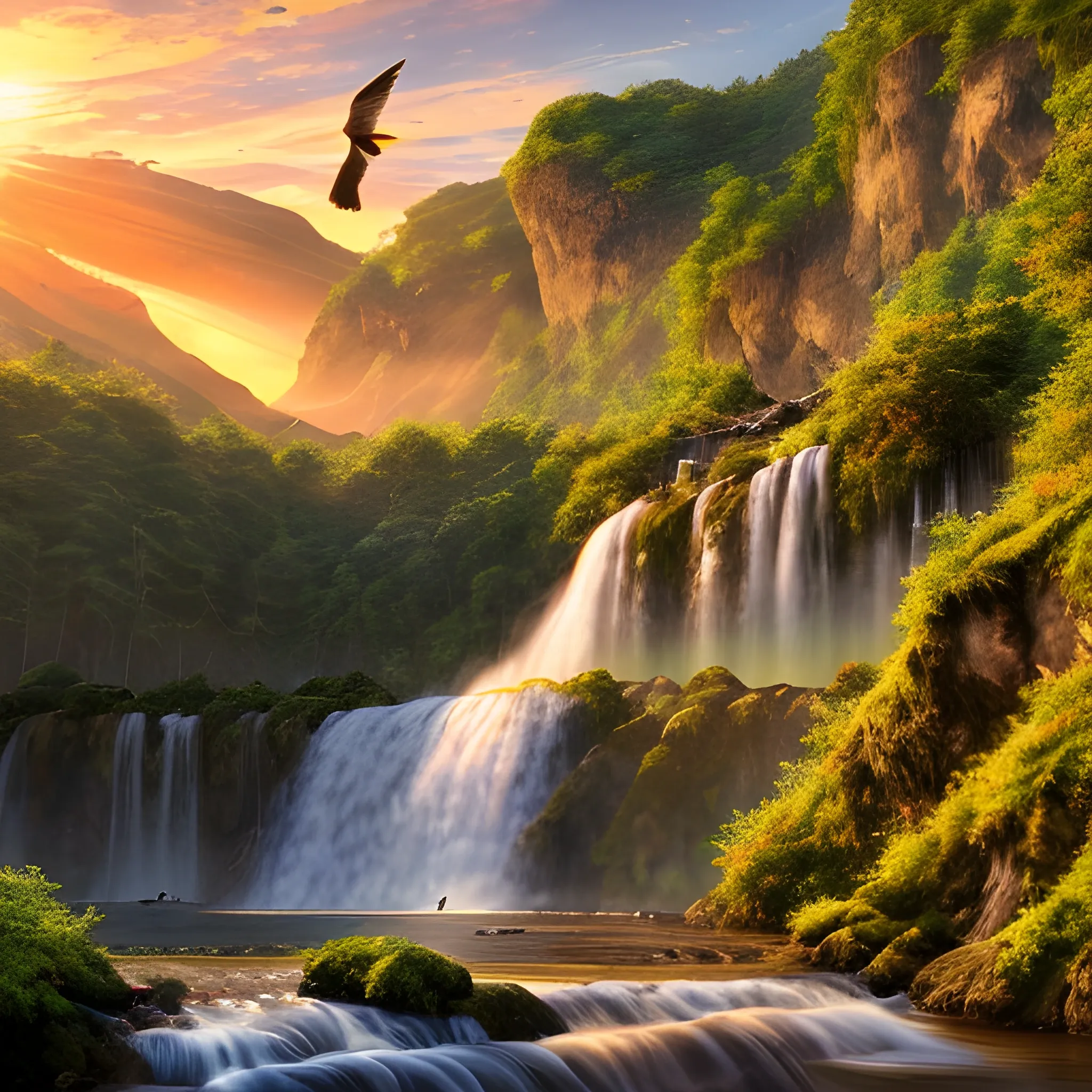 A realistic beautiful natural landscape with the sun setting over waterfalls, Birds flying, 4k resolution, hyper-detailed