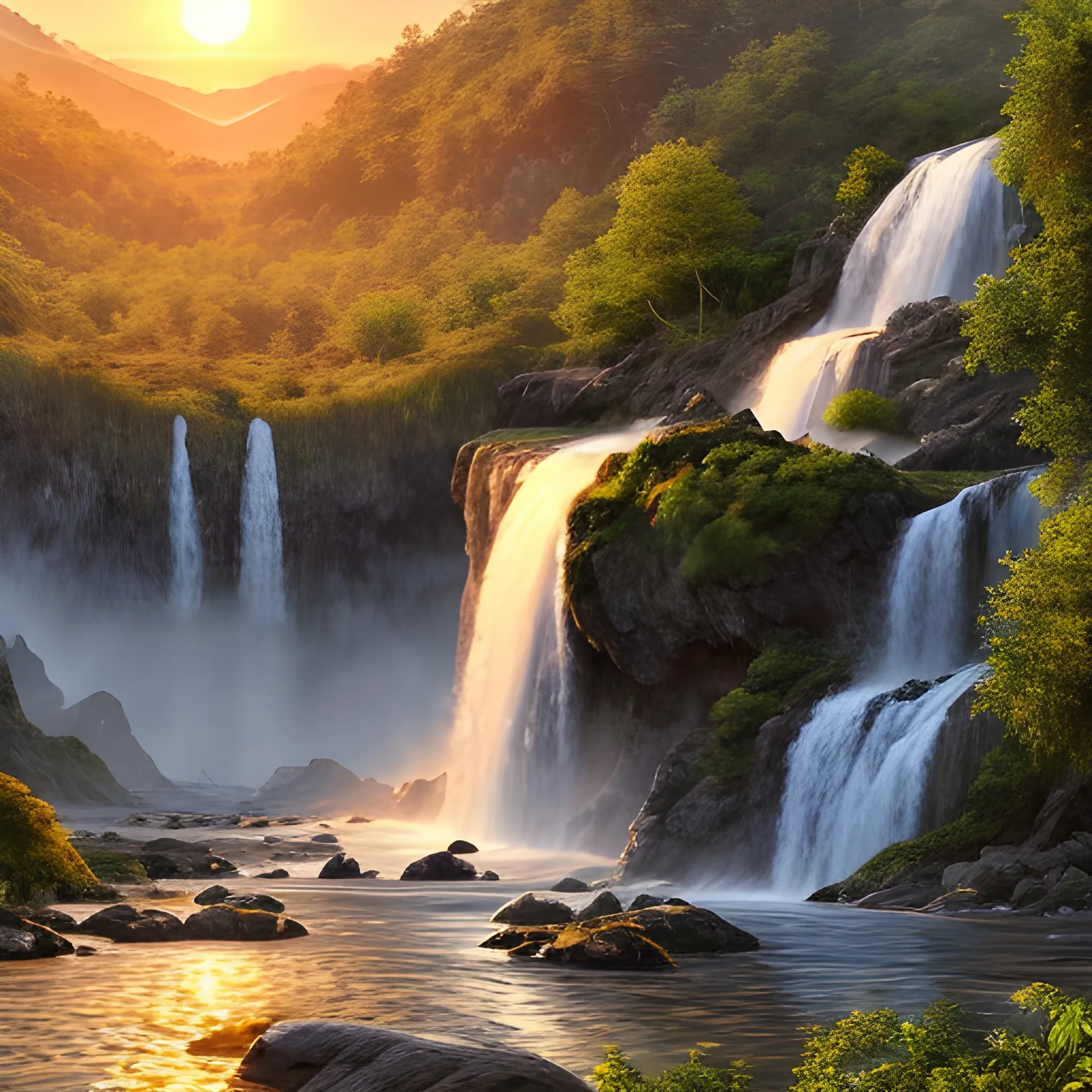 A realistic beautiful natural landscape with the sun setting over waterfalls, Birds flying, 4k resolution, highly-detailed