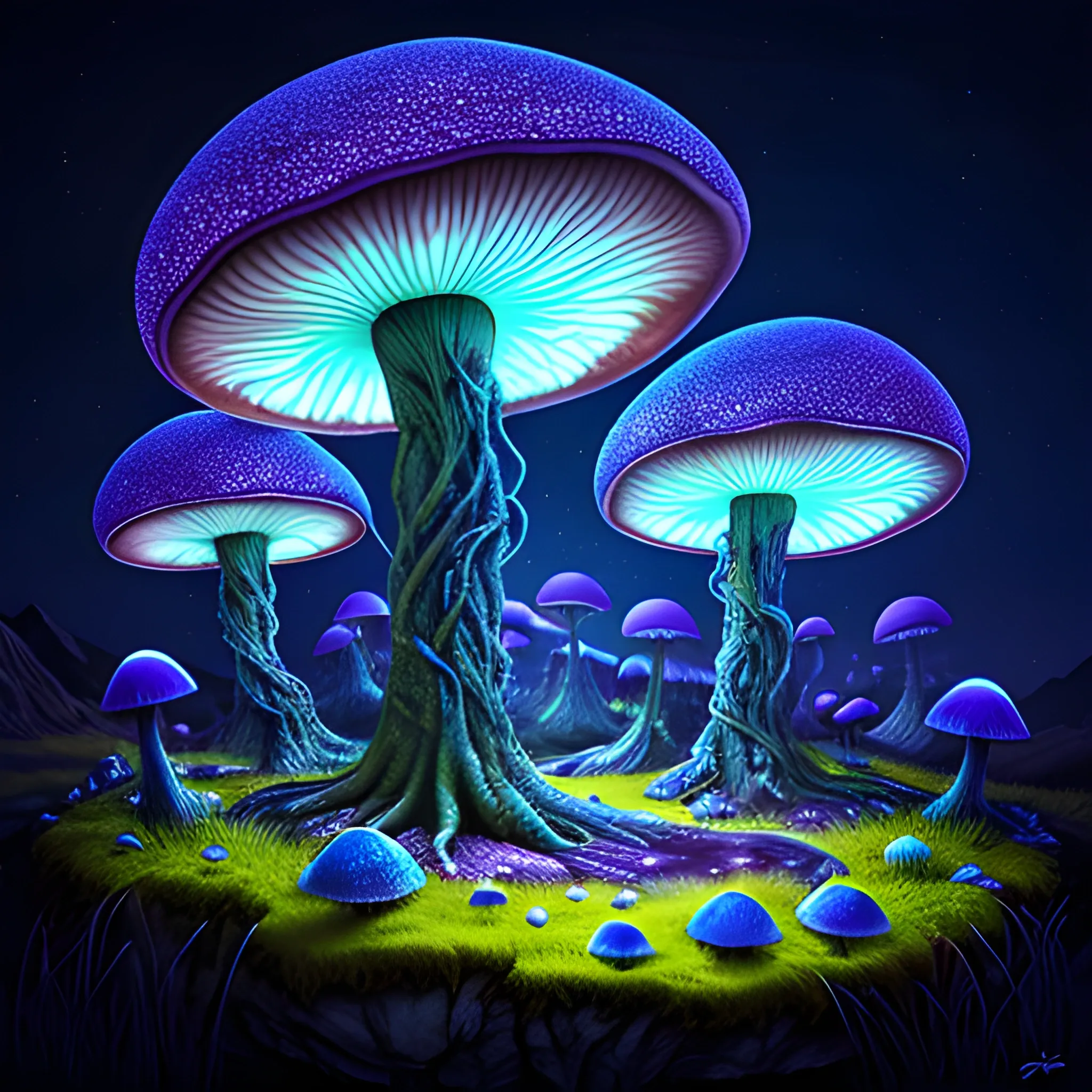 alien fungal landscape at night, with glowing blue lights, glowing blue mushrooms, dark purple sky, realistic, detailed, cel-shaded, in the style of 3D animation, Disney-Inspired