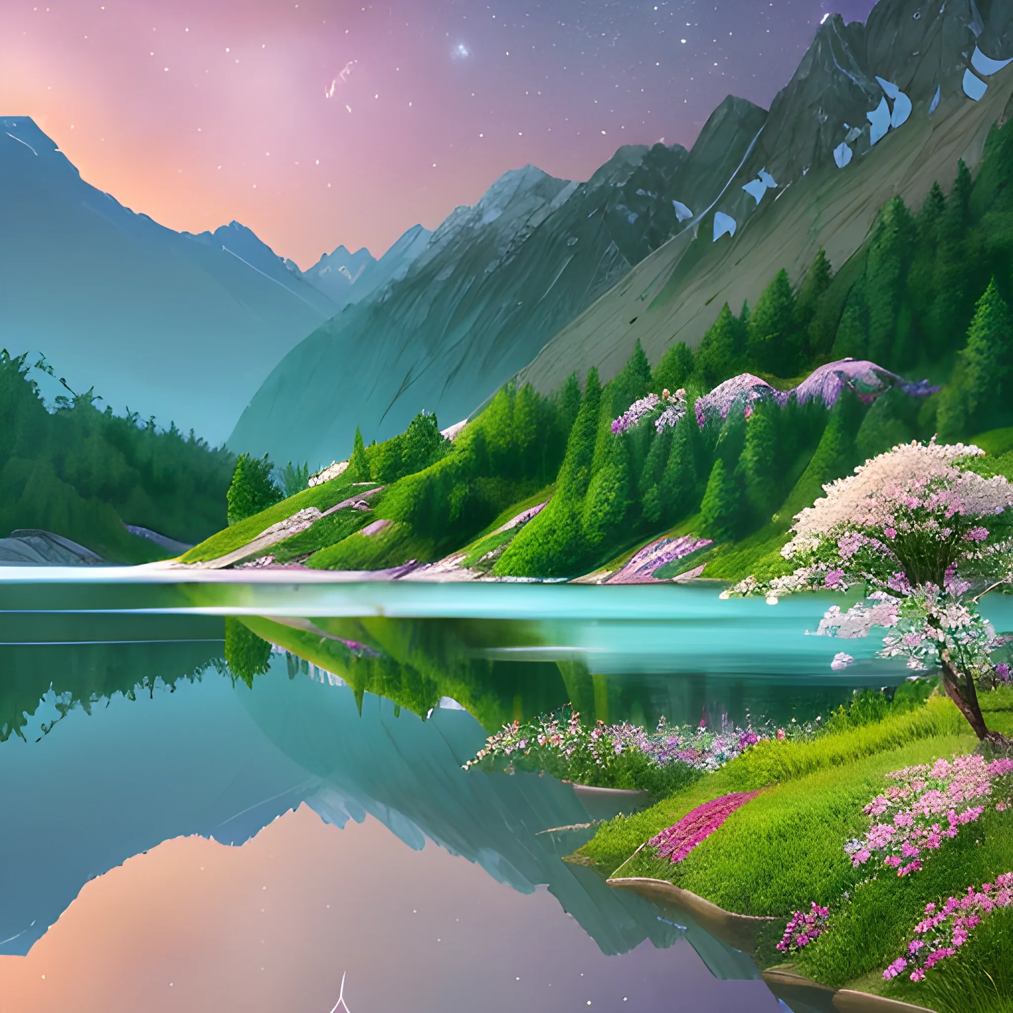 A natural landscape wallpaper of the mountain Lake, Pakistan, in 4K quality, surrounded by lush greenery, delicate flowers blooming around, soft and pastel color temperature, moonlighting with stars twinkling in the sky, no human characters, the atmosphere is magical and calming –v 5 –stylize 1000, hyper-detailed