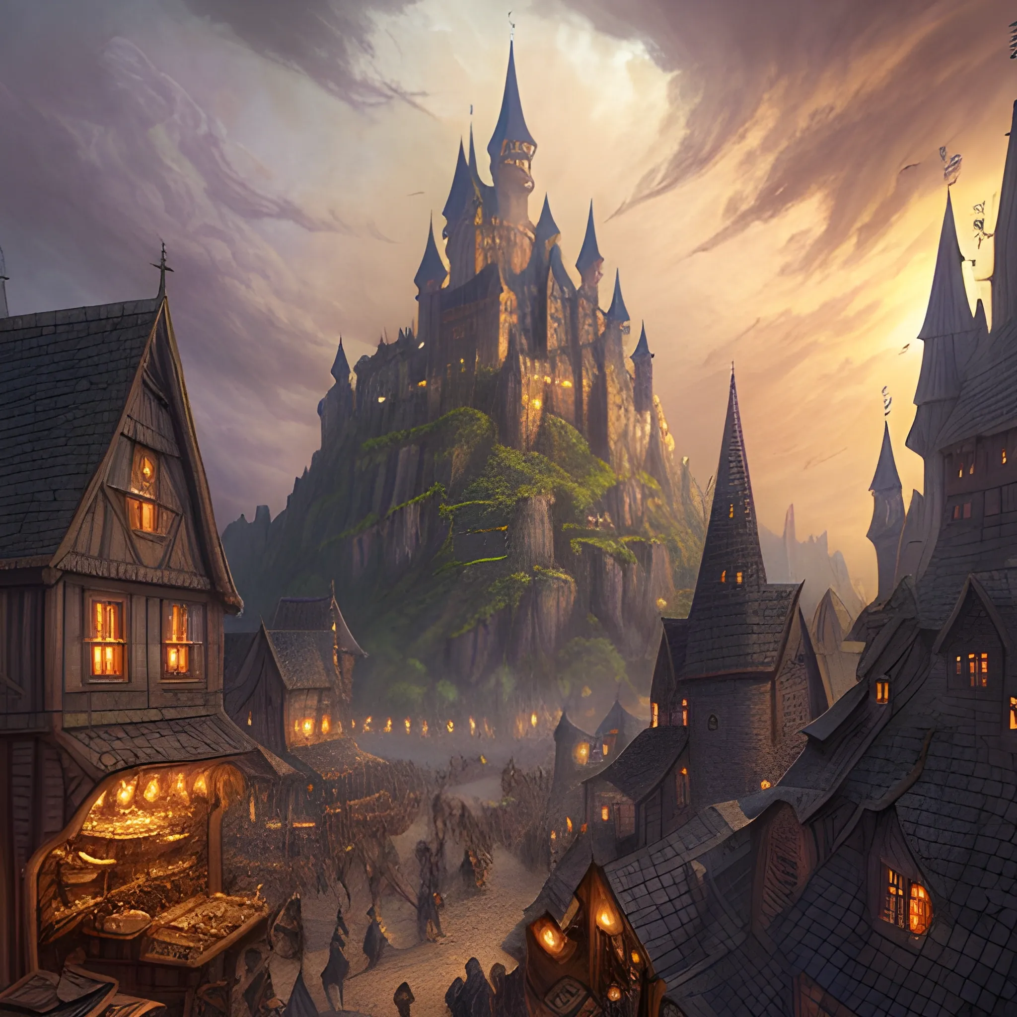 A detailed medieval fantasy scene with atmospheric lighting, depicting a bustling marketplace in a fantasy world. The scene is filled with various fantastical creatures and humans in medieval attire. In the background, towering castle spires and magical floating islands can be seen. The image style is detailed and atmospheric, with a focus on intricate facial features of the characters in the foreground.