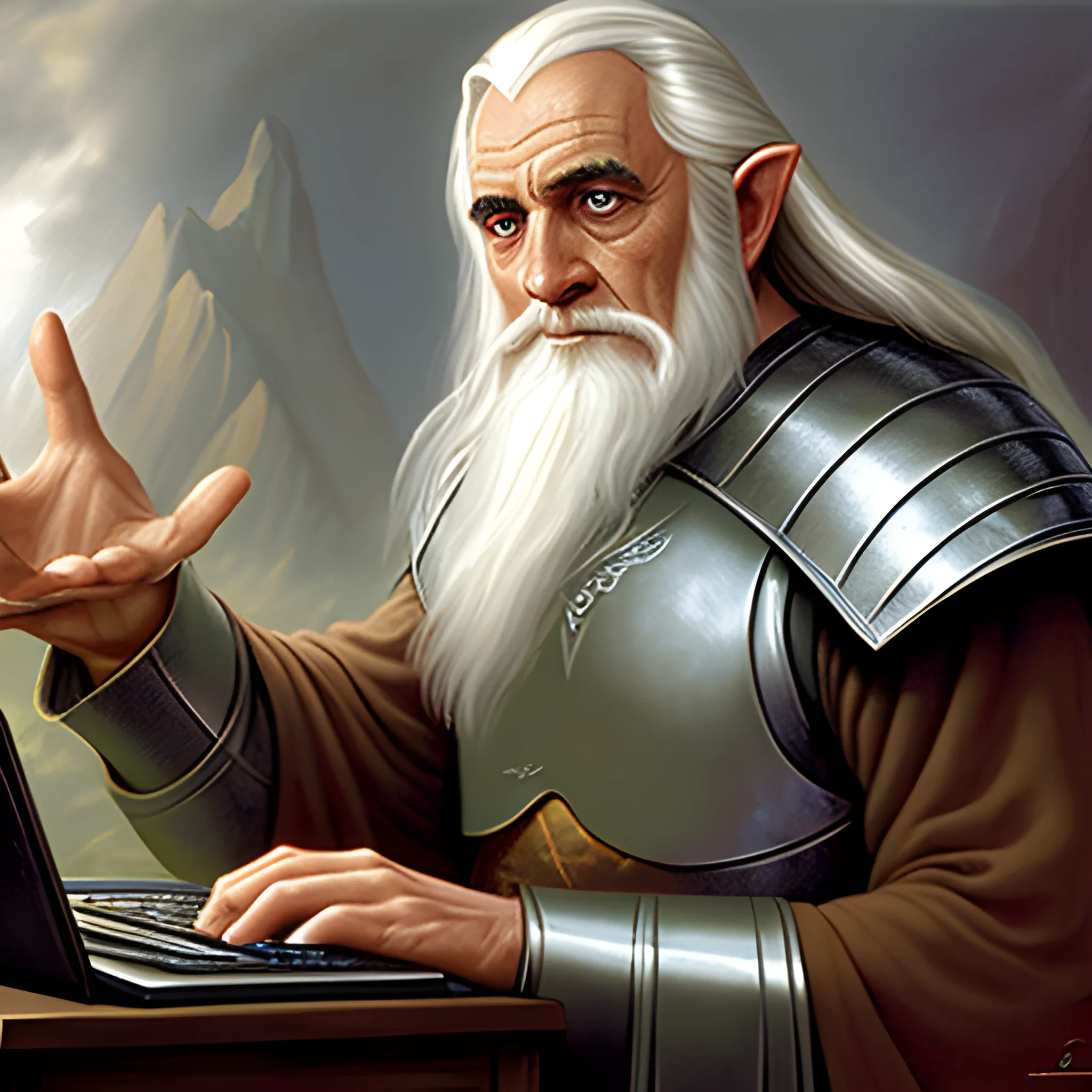 Helping Gandolph from the lord of the rings with a computer problem that he does not know how to fix, Oil Painting