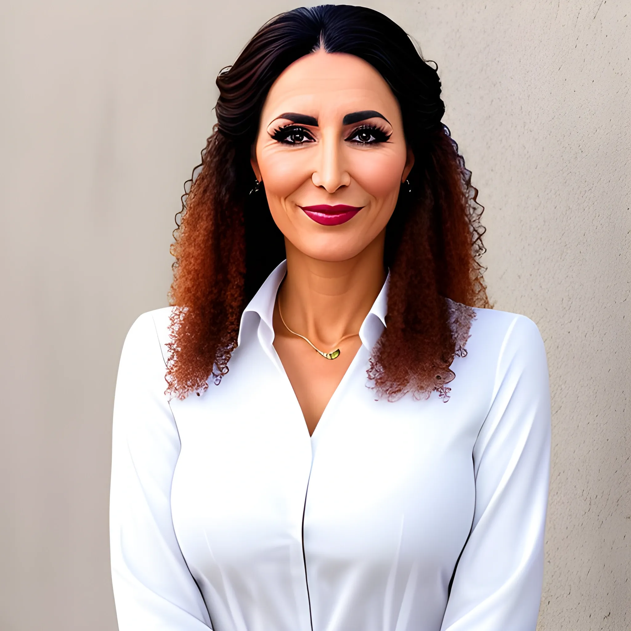 A professional headshot of a Moroccan girl with traditional features, designed for a resume. She has a friendly and confident expression, looking directly at the camera. Her hair is neatly styled, and she is wearing a simple, professional outfit. The background is plain white, providing a clean and polished look suitable for professional purposes.