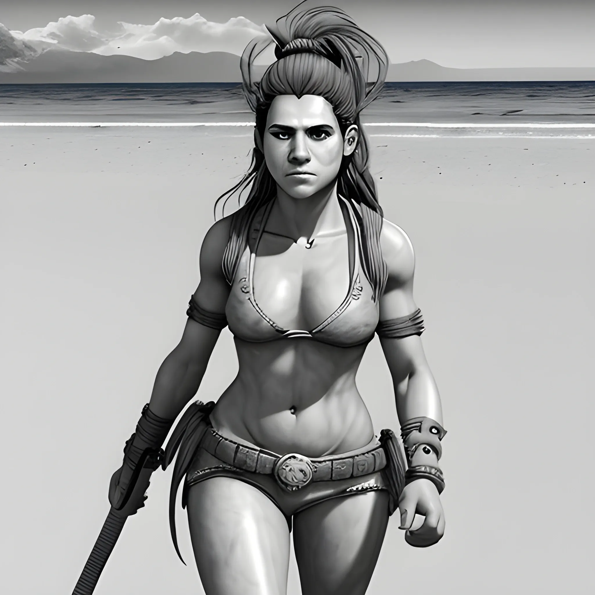 Mujer joven, guerrera amazona, de cabellos rubios, de cuerpo atlético completo, caminando en una playa de arenas desérticas, 3D, Pencil Sketch