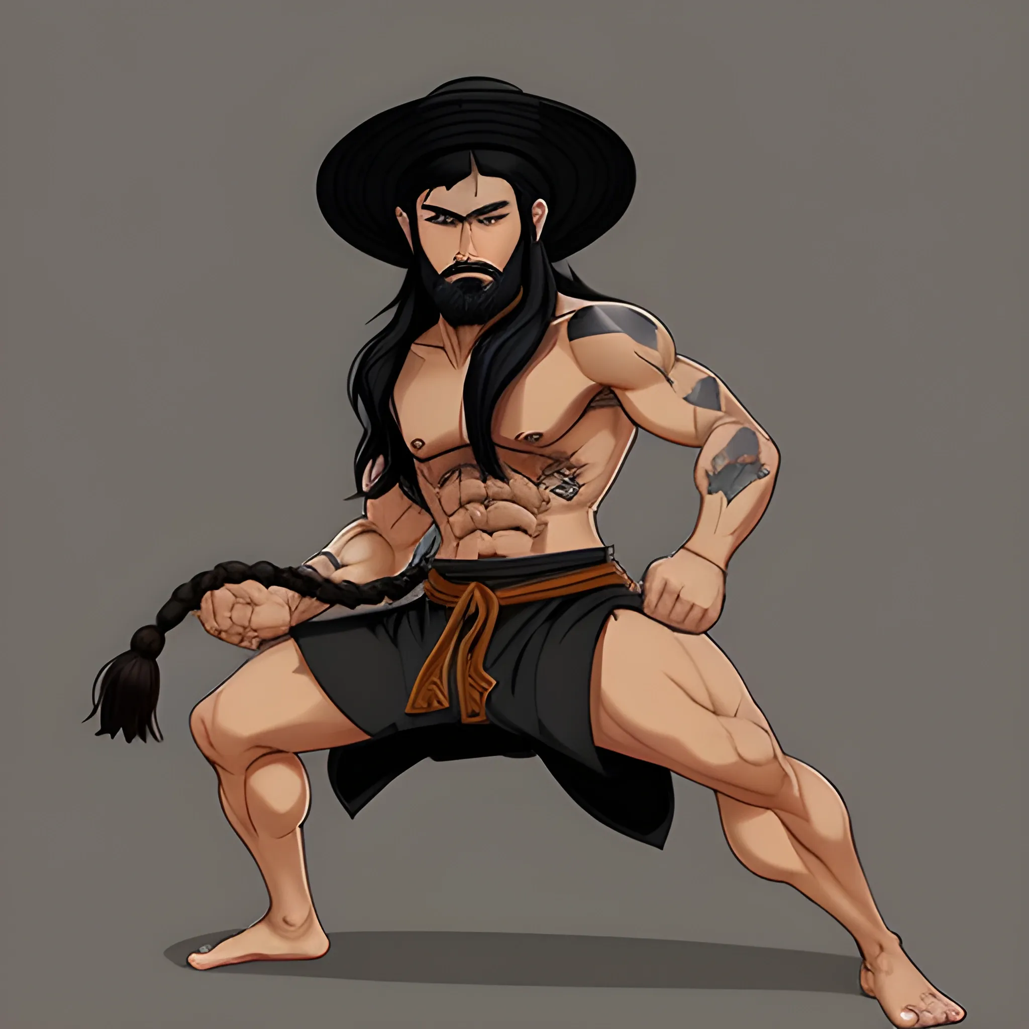 Dnd character, human monk, black hair, with a japanese straw hat and long hair falling from it, thin beard, brown eyes, black tattoos, 30 years old, show standing up. Show full body on image, light cloths, body slim like bruce lee. Do not use NSFW content, Cartoon