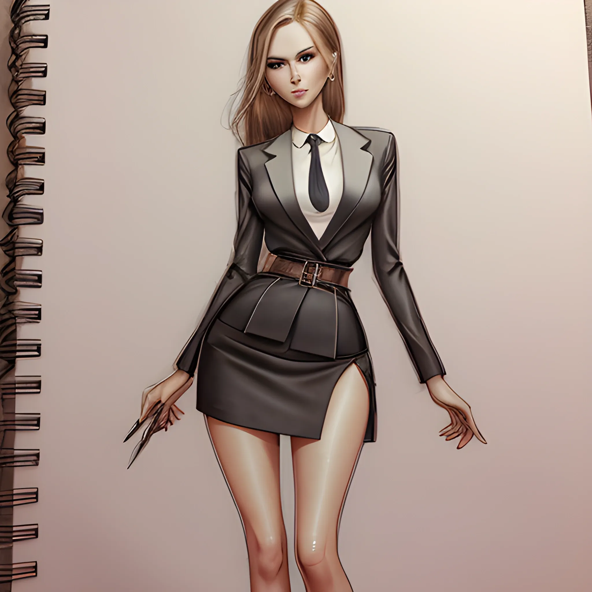 Slender secretary, detailed face, brunette hair, blonde highlights, hair, tied up over the head, sexy, natural skin, UHD, realistic, office, thin waist, high waist slit mini pencil Skirt, long legs, high heels, innocent expression, transparent pants,
,, Pencil Sketch