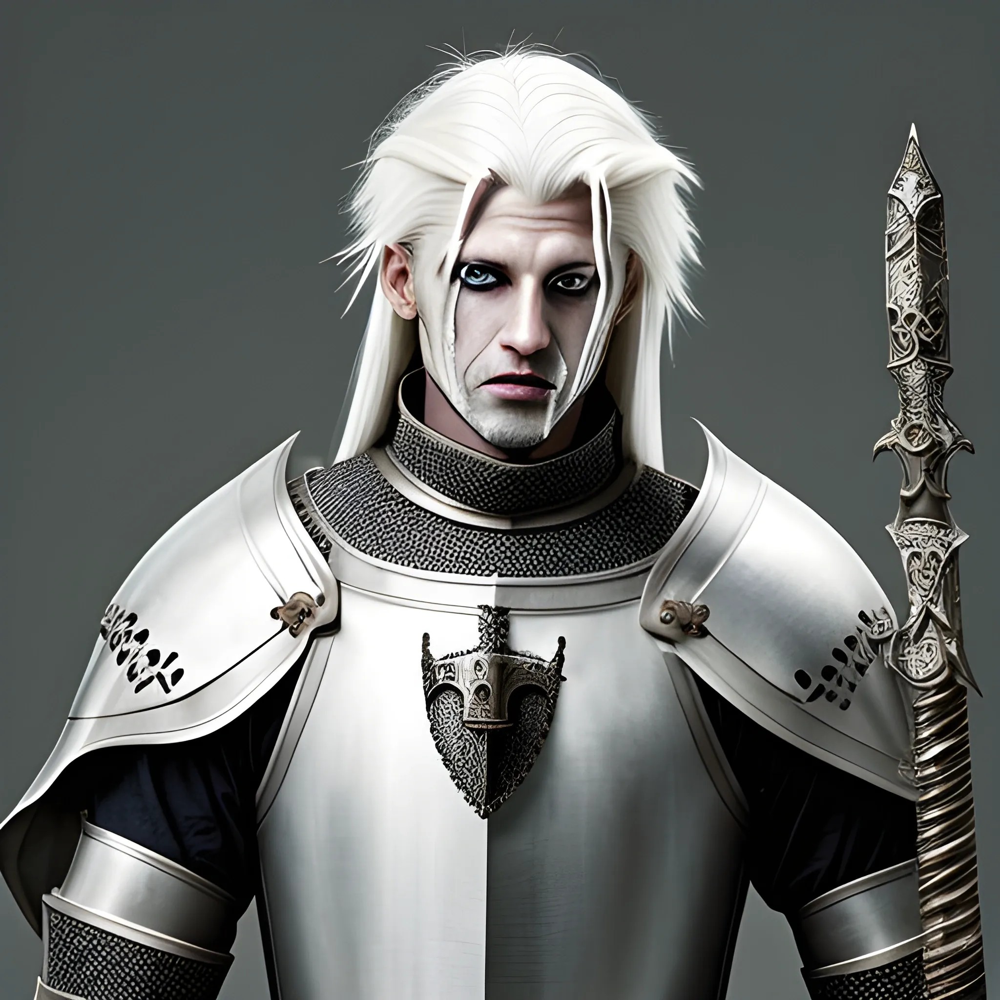 scary but handsome knight with white hair and white eye  Medieval fantasy