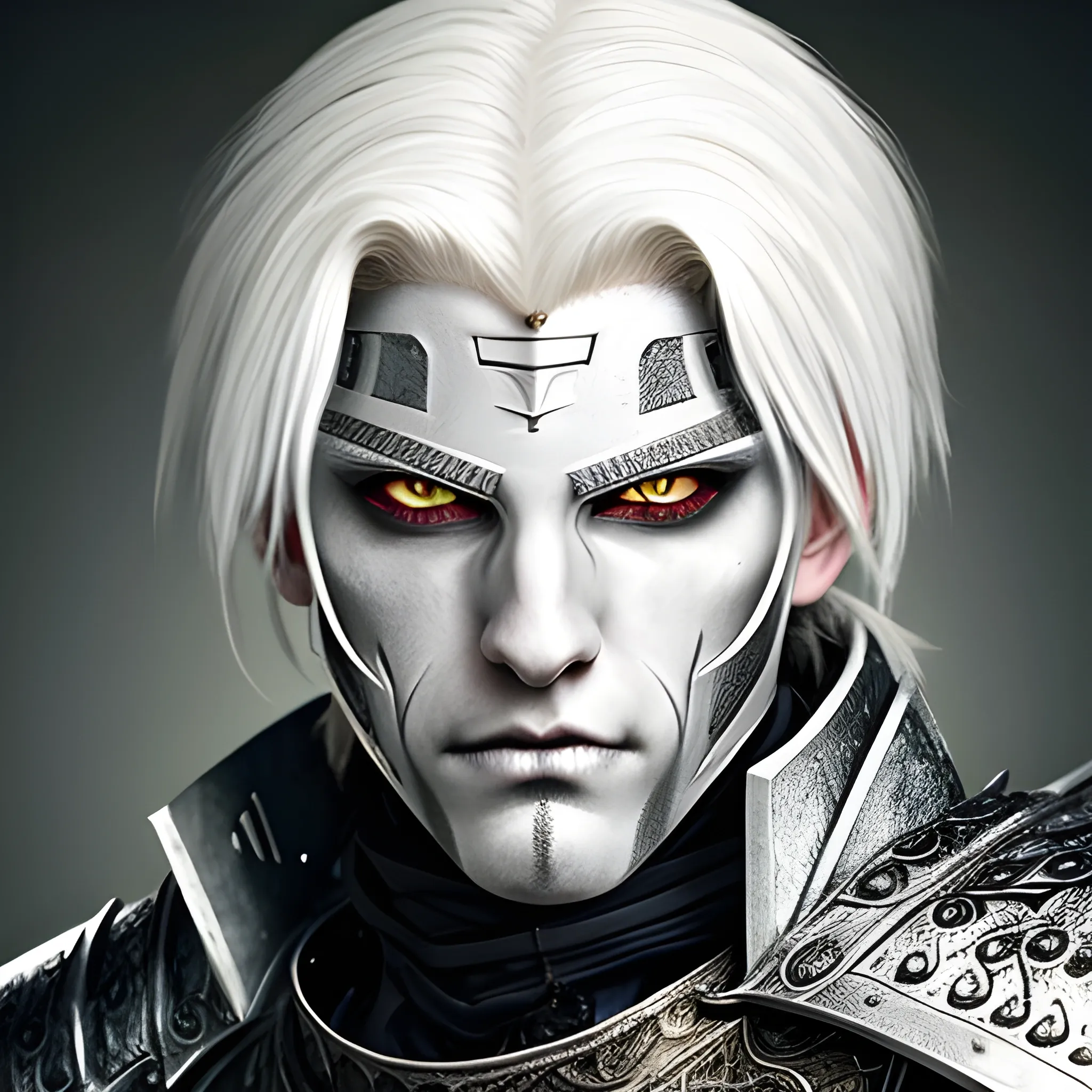 scary but handsome knight with white hair and white eye  Medieval fantasy