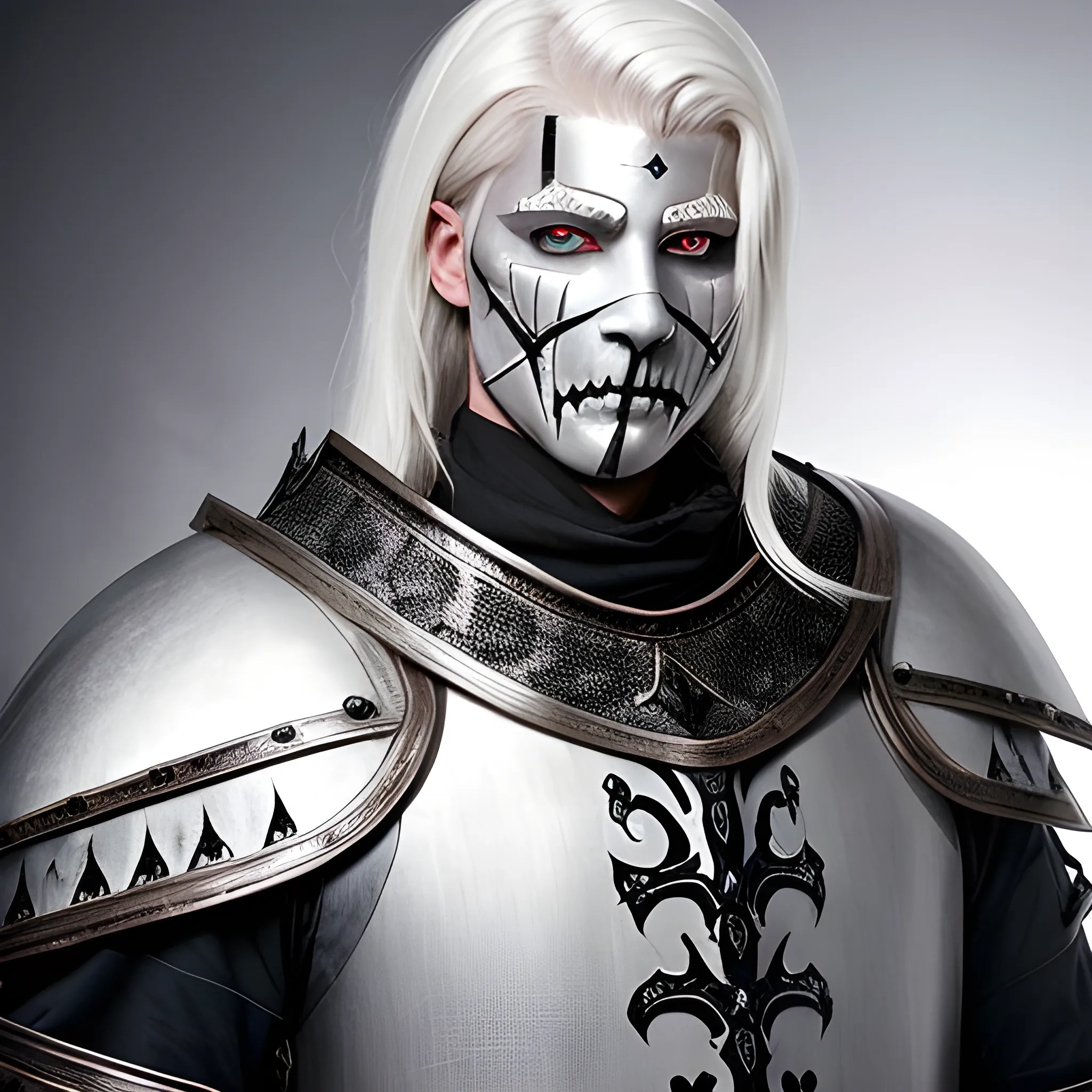 scary but handsome knight with white hair and white eye  Medieval fantasy