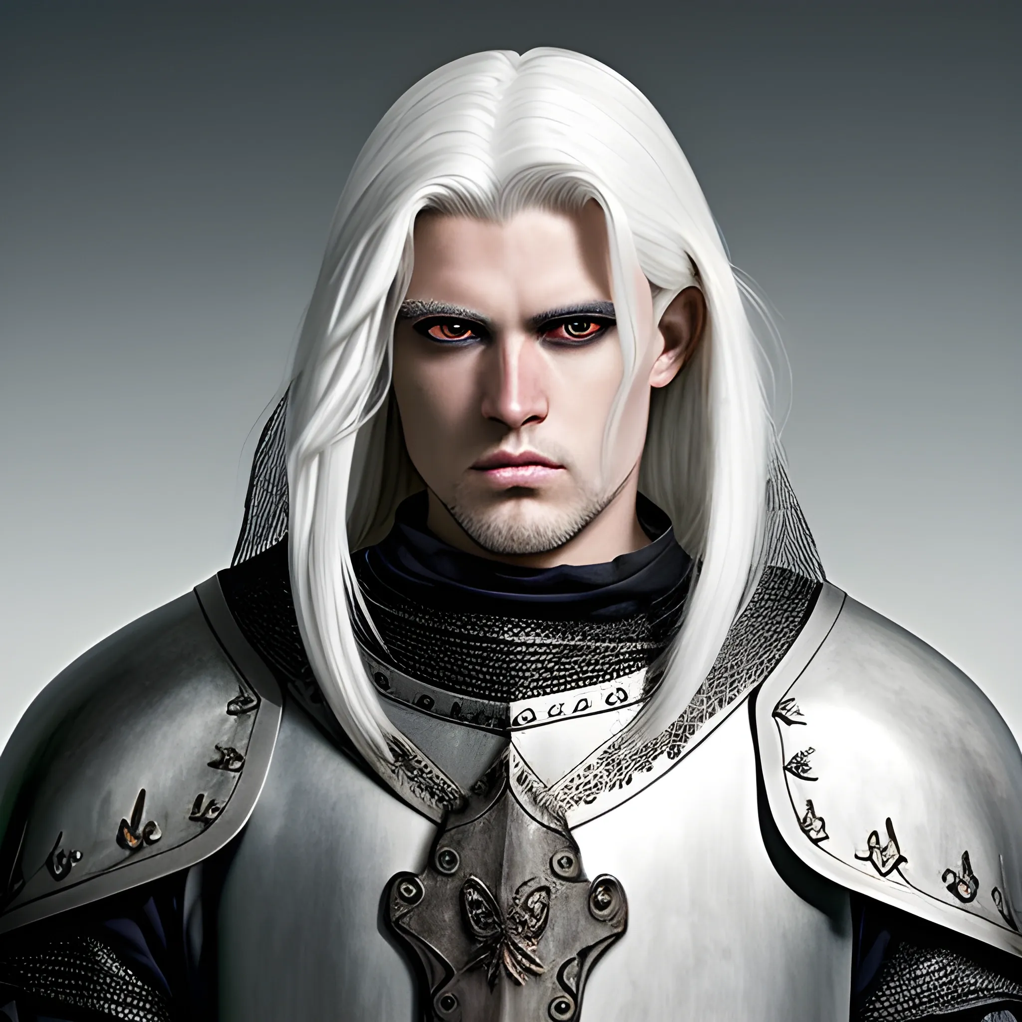 intimidating but handsome knight with white hair and white eye  Medieval fantasy