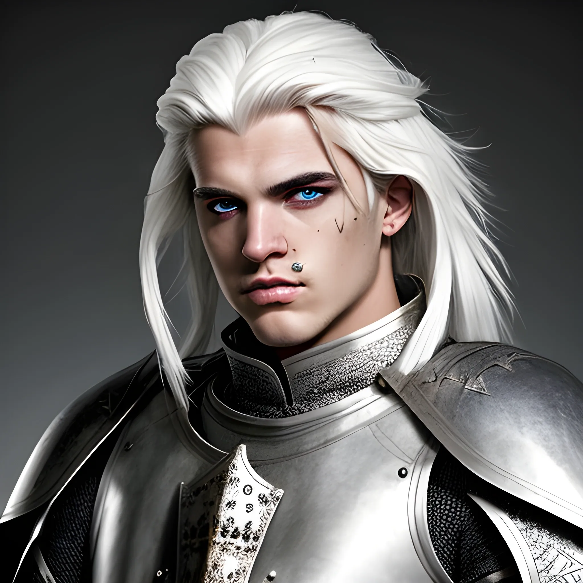 intimidating but handsome knight with white hair and white eye  Medieval fantasy