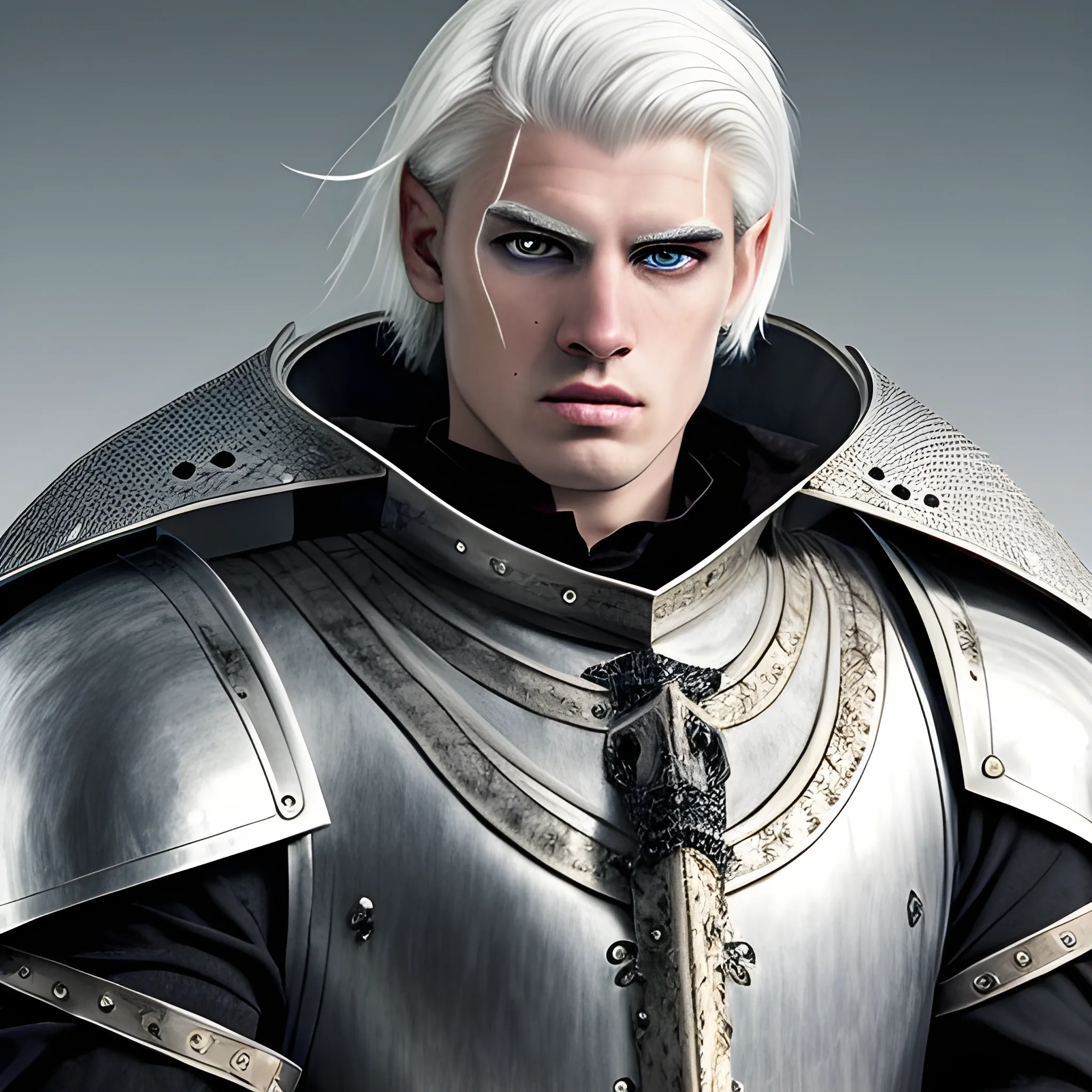 intimidating but handsome knight with white hair and white eye  Medieval fantasy