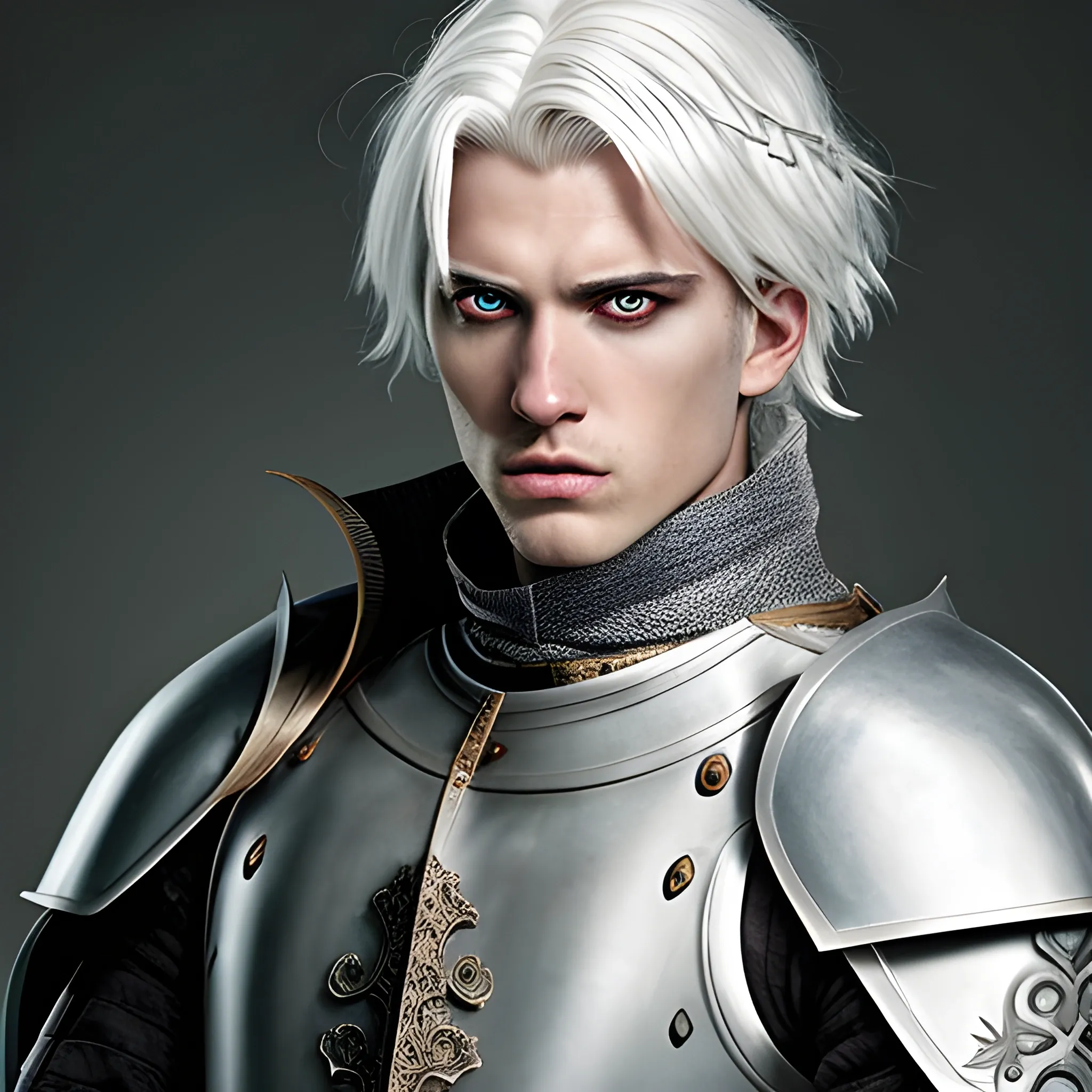 intimidating but handsome knight with white hair and white eye  Medieval fantasy