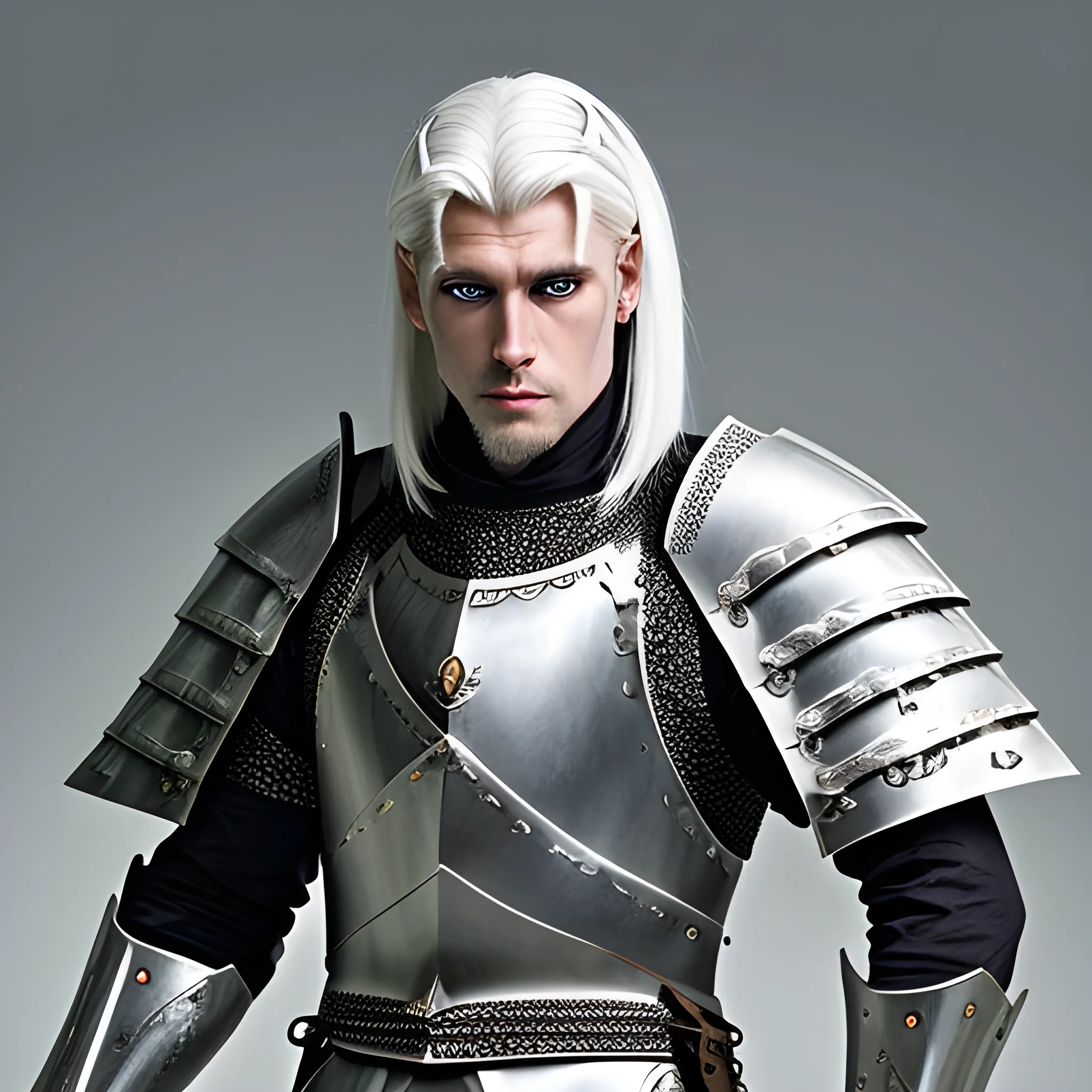 intimidating but handsome knight with white hair and white eye  Medieval fantasy