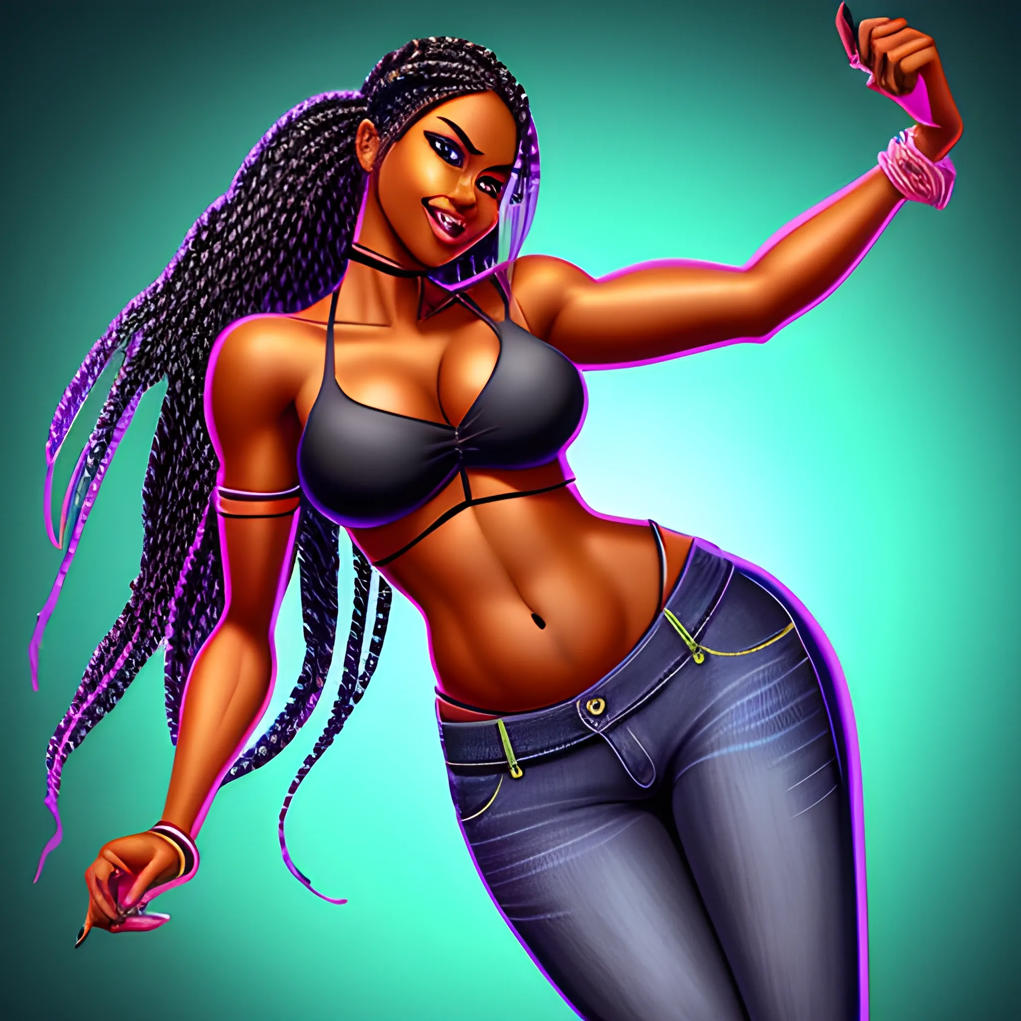 full body,hd bright colors sexy, naughty smiling, sophisticated,sleek design,ultra-detailed, low rise jeans shorts,dark skin,dramatic lighting, realistic Cartoon, thick, black woman, long braided hair , dancing. background