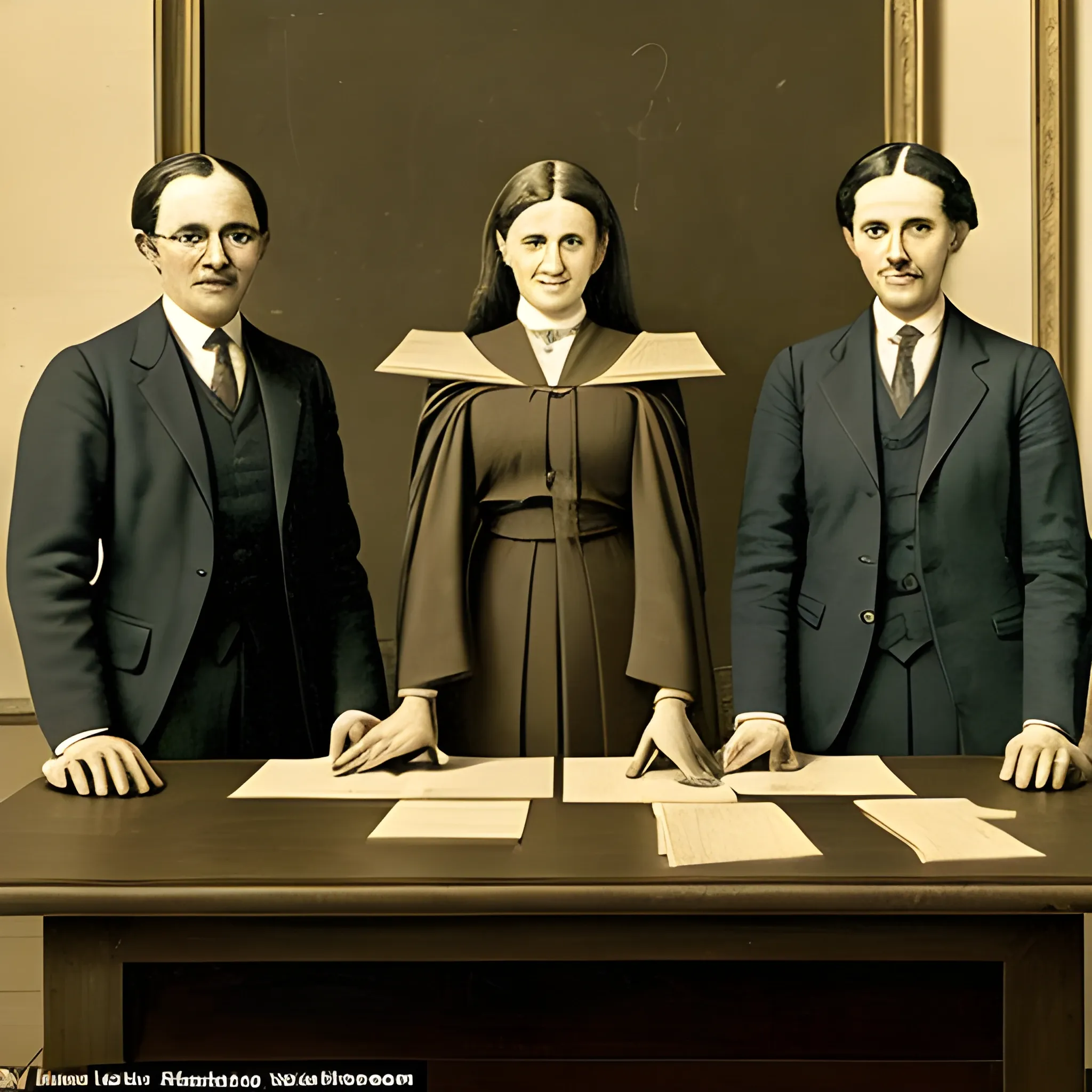 Four lawyers with triumphant faces, standing behind a table, there are symbols of law, to avoid deformities in hands and face