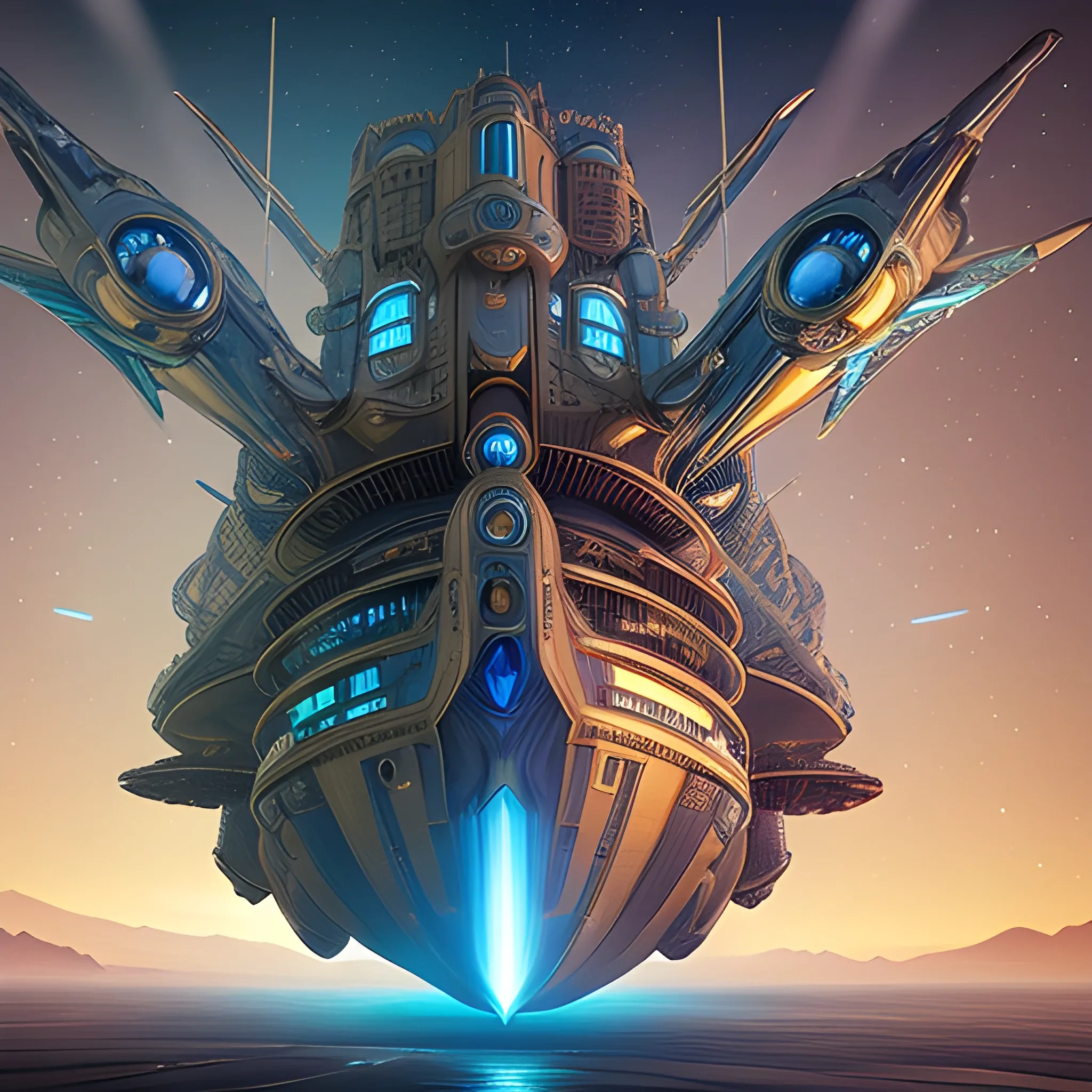 Matt Jeffries-inspired sci-fi concept art. Widescreen shot. A futuristic royalpunk sneakers shaped starship with blue diamond nacelles and intricate details zooms through space. Head-on shot. Steampunk-infused digital art style with metallic surfaces and detailed textures. 🦉Owl 🦉 🏯castle 🏰. Bright and vibrant colors reflecting off the ship's armor plating. Best quality, incredibly detailed, cinematic-level graphics, warm and inviting color palette, intense subtle reflections, razor-sharp clarity, stunning realism, sublime 3D modeling., 3D, Trippy.Leonardo Da Vinci-inspired sci-fi concept art. Widescreen shot. A futuristic royalpunk sneakers shaped starship with blue diamond nacelles and intricate details zooms through space. Steampunk-infused digital art style with metallic surfaces and detailed textures. A 1974 Winnebago is at the zenith, of the starship, to be the bridge, and it's elongated. 750 UHD 4D resolution wide-angle.