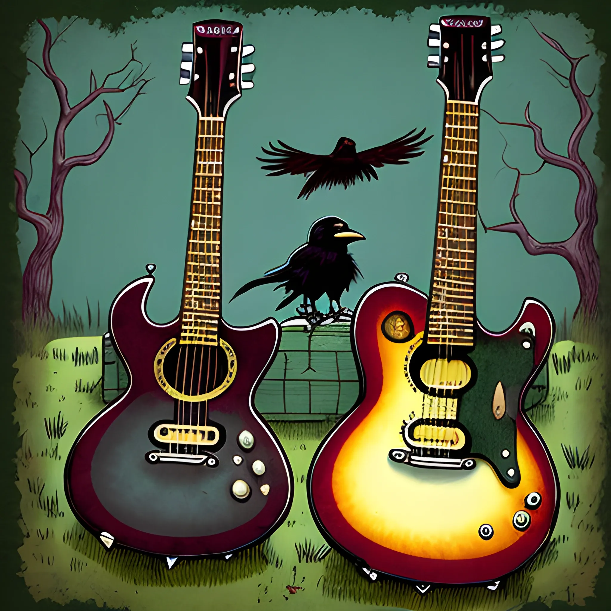 crow, swamp, guitars, Cartoon