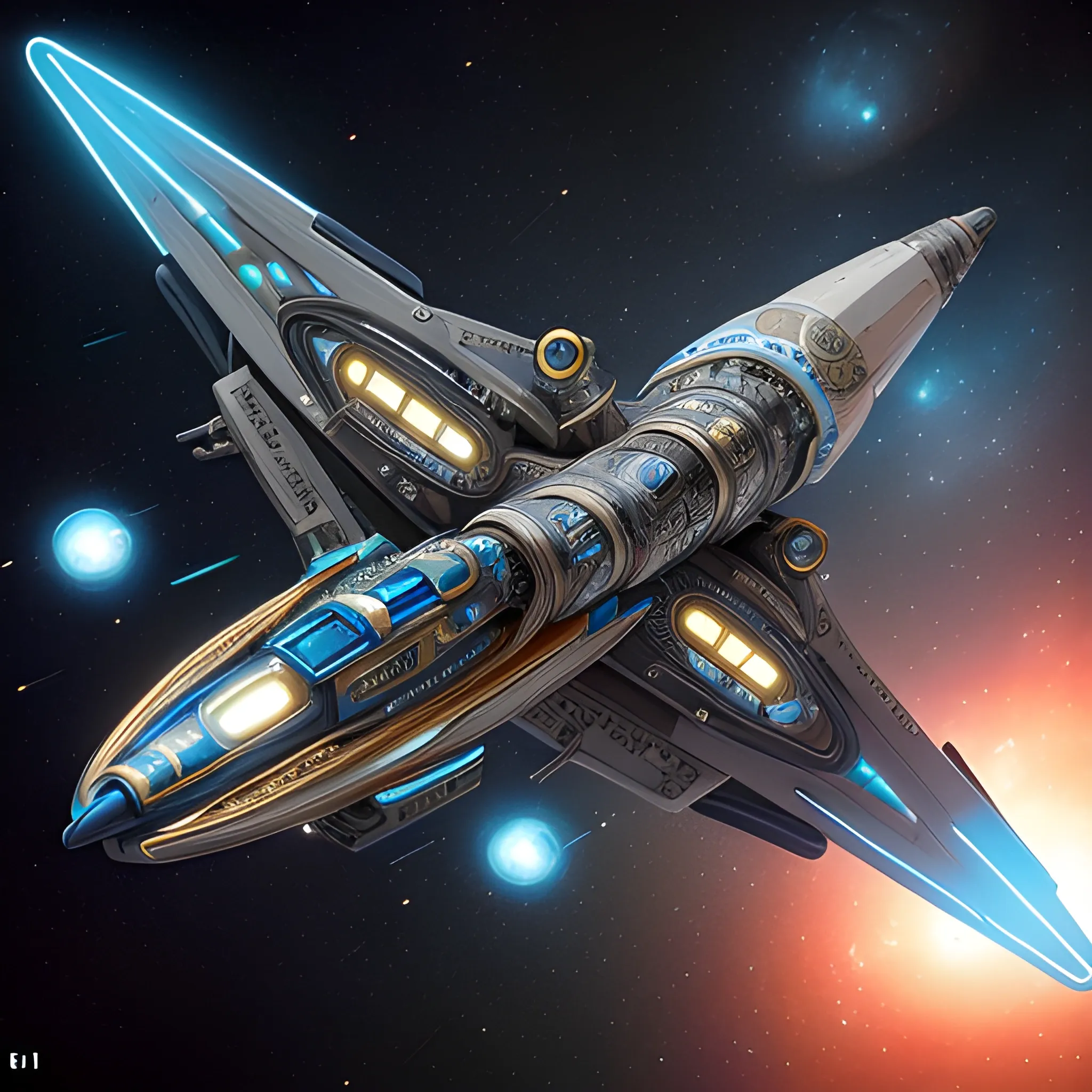 <lora: Objects in Space:2.7> A version of the Enterprise with blue reflective-diamond nacelles and intricate gold details flies through space. Solarpunk infused style with metallic, wired,& detailed textures, of the starship. 750 UHD 4D resolution insanely symmetrical. The ship is orbiting an unknown planet.