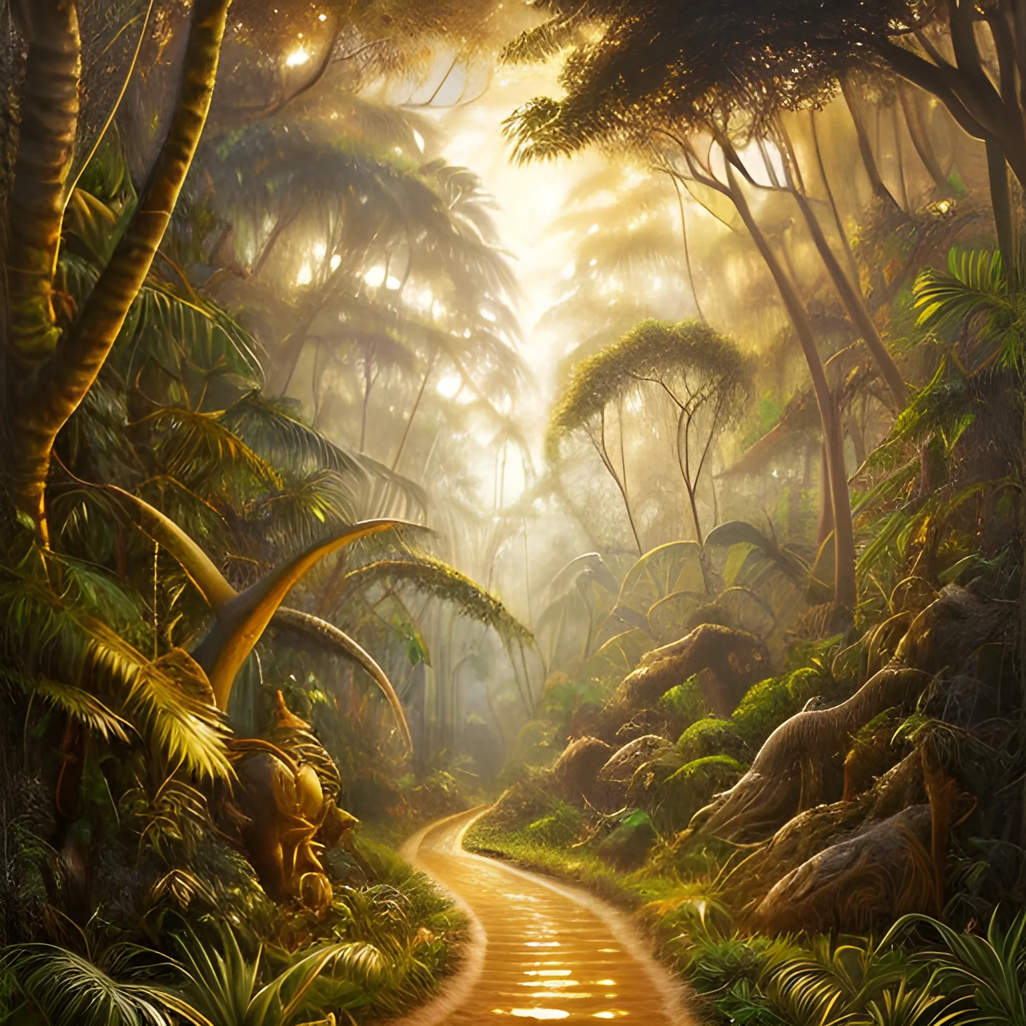 fantastic being shining with a golden aura topped with silvery curved horns in the jungle on a path lined with thousand-year-old trees, warm tones at dusk, realistic oil painting style