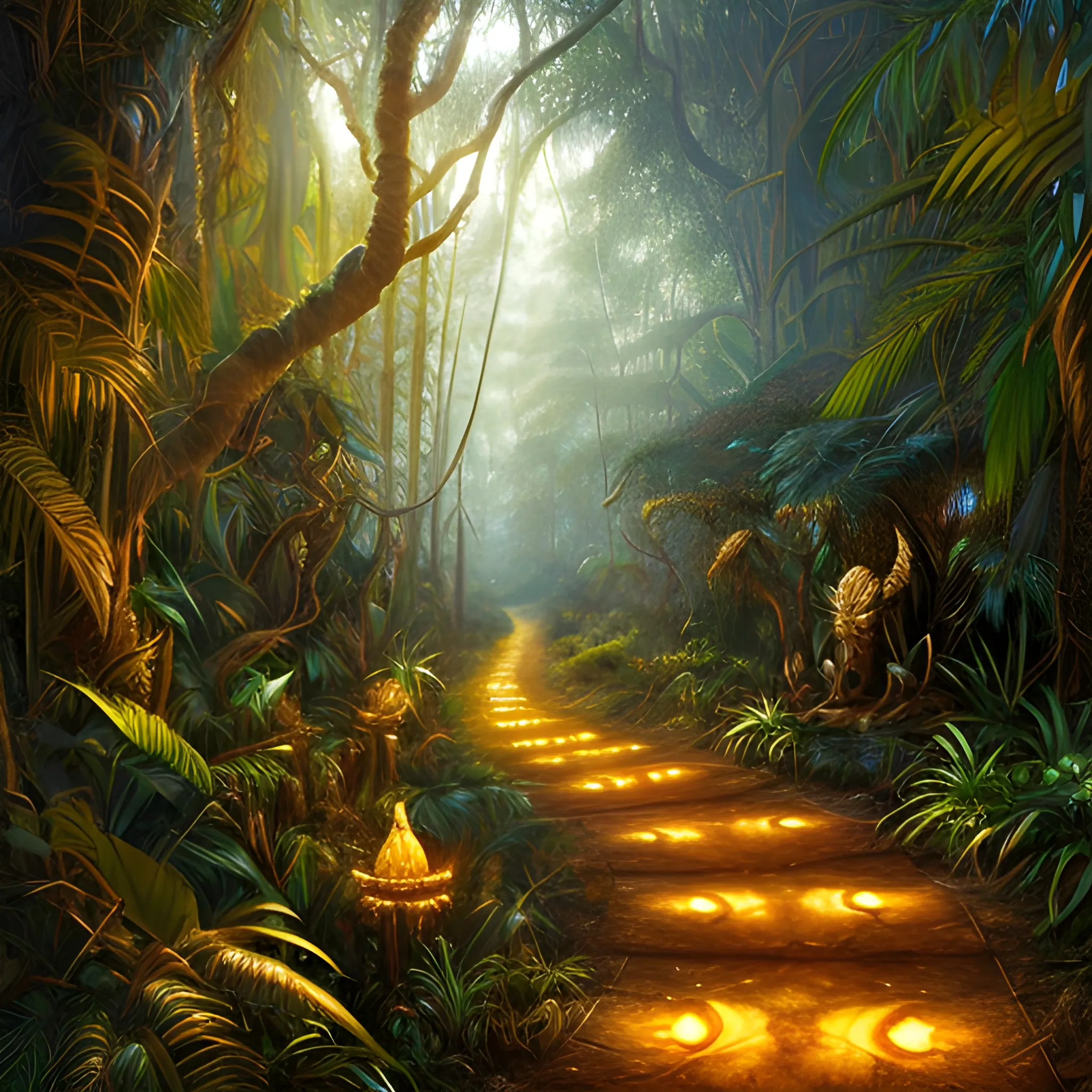 fantastic being shining with a golden aura topped with silvery curved horns in the jungle on a path lined with thousand-year-old trees, warm tones at dusk, realistic oil painting style, Trippy