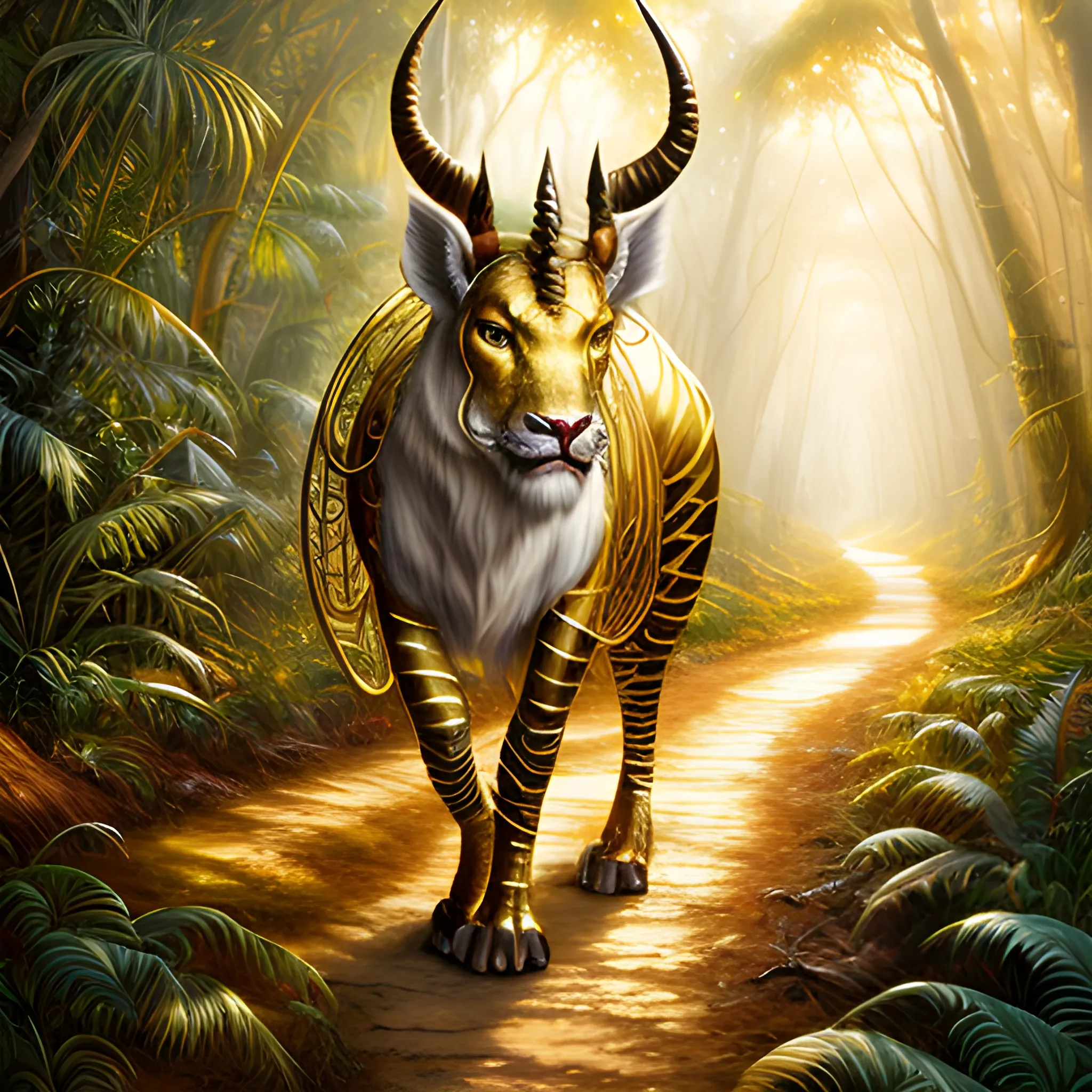 Fantastic imaginary animal, shining with a golden aura, wearing silvery curved horns, in the jungle on a path lined with thousand-year-old trees, warm tones at dusk, realistic oil painting style