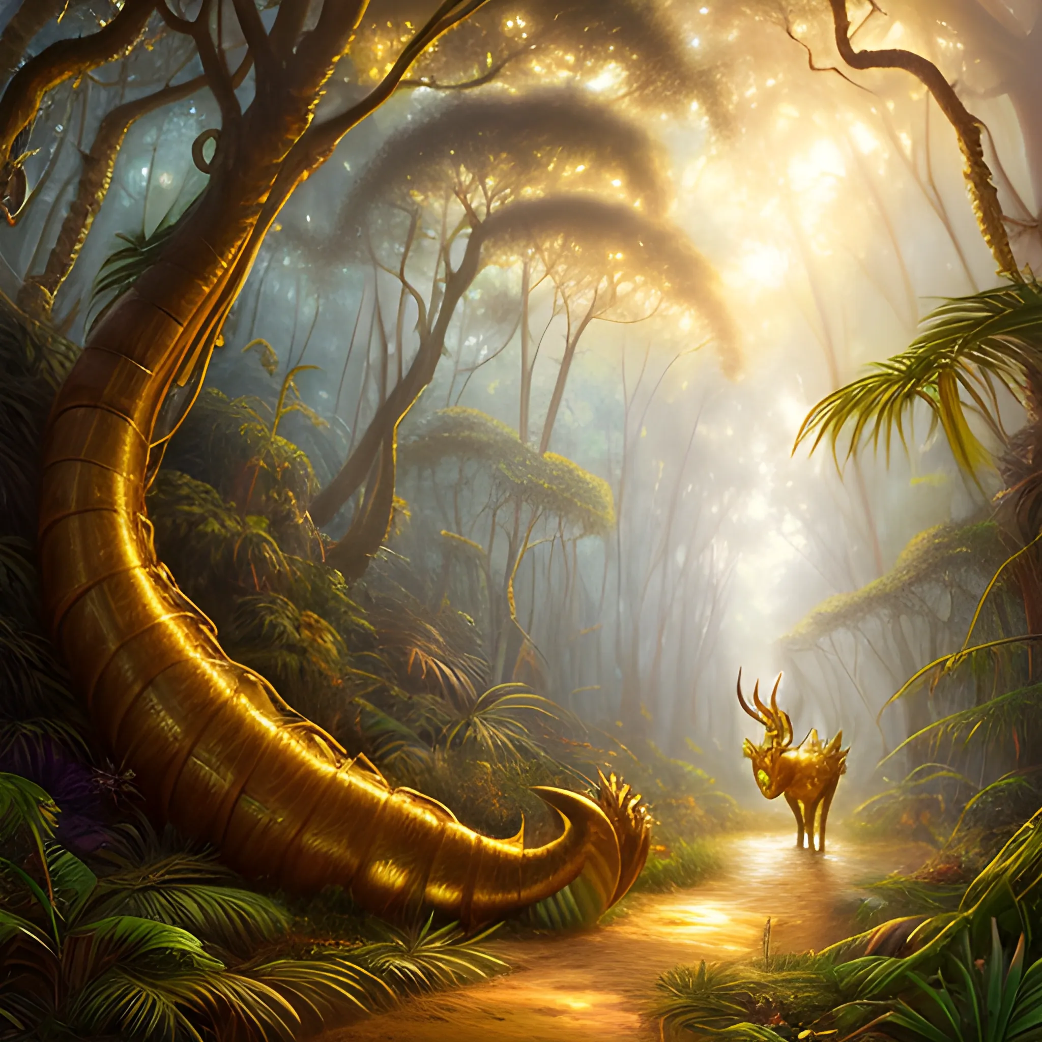 Fantastic imaginary animal, shining with a golden aura, wearing silvery curved horns, in the jungle on a path lined with thousand-year-old trees, warm tones at dusk, realistic oil painting fantasy style