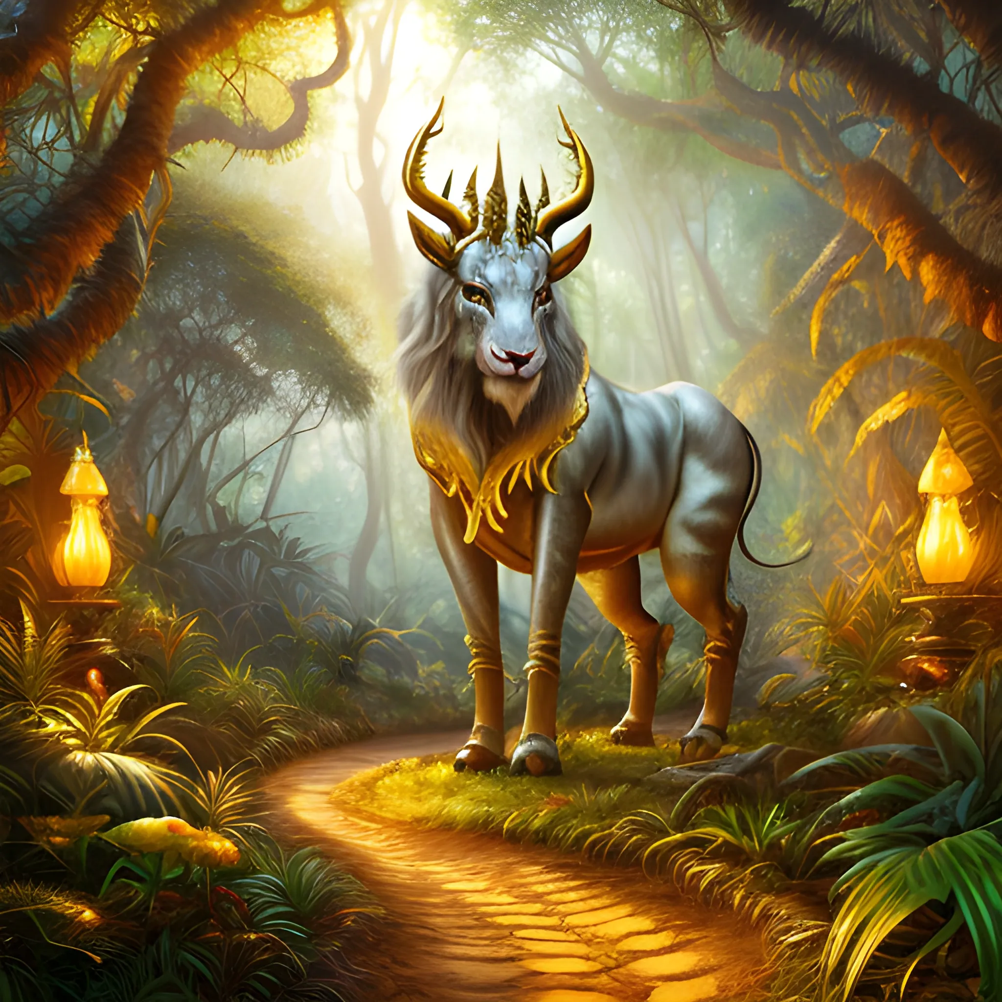 Fantastic imaginary animal, shining with a golden aura, wearing silvery curved horns, in the jungle on a path lined with thousand-year-old trees, warm tones at dusk, realistic oil painting fantasy style, 3D