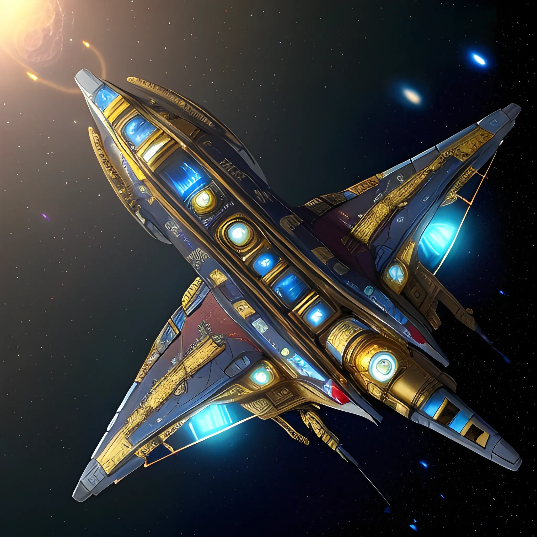 <lora: Objects in Space:4.5> A version of the Enterprise with gold reflective-diamond nacelles and intricate crimson red details flies through space. Solarpunk infused style with metallic, wired,& green detailed textures, of the starship. 750 UHD 4D resolution insanely symmetrical. The ship is orbiting an unknown planet.<lora: Objects in Space:2.7> A version of the Enterprise with blue reflective-diamond nacelles and intricate gold details flies through space. Solarpunk infused style with metallic, wired,& detailed textures, of the starship. 750 UHD 4D resolution insanely symmetrical. The ship is orbiting an unknown planet.