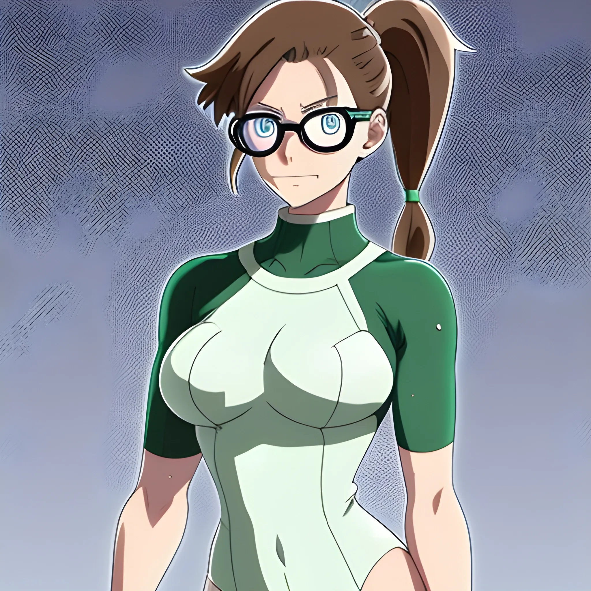 A MHA oc that has brown hair tied into pigtails, green eyes, is fairly tall with a medium bust, and wears a slim white bodysuit with circular glasses, all of which are compatible with her shapeshifting quirk , Cartoon