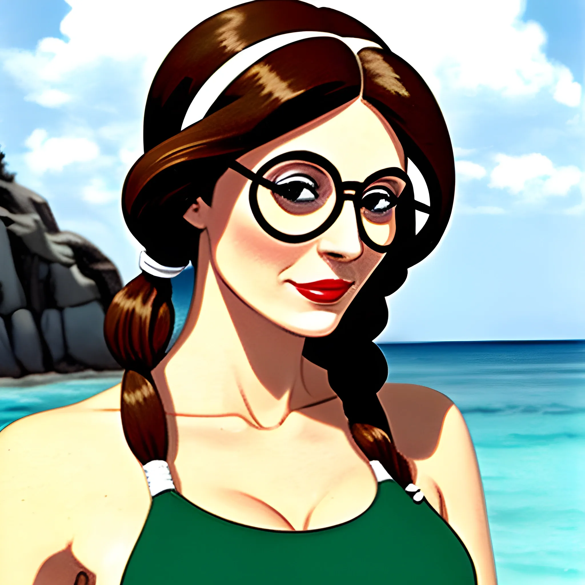 girl with circular glasses and long brown hair in pigtails wearing a white swimsuit, cartoon
